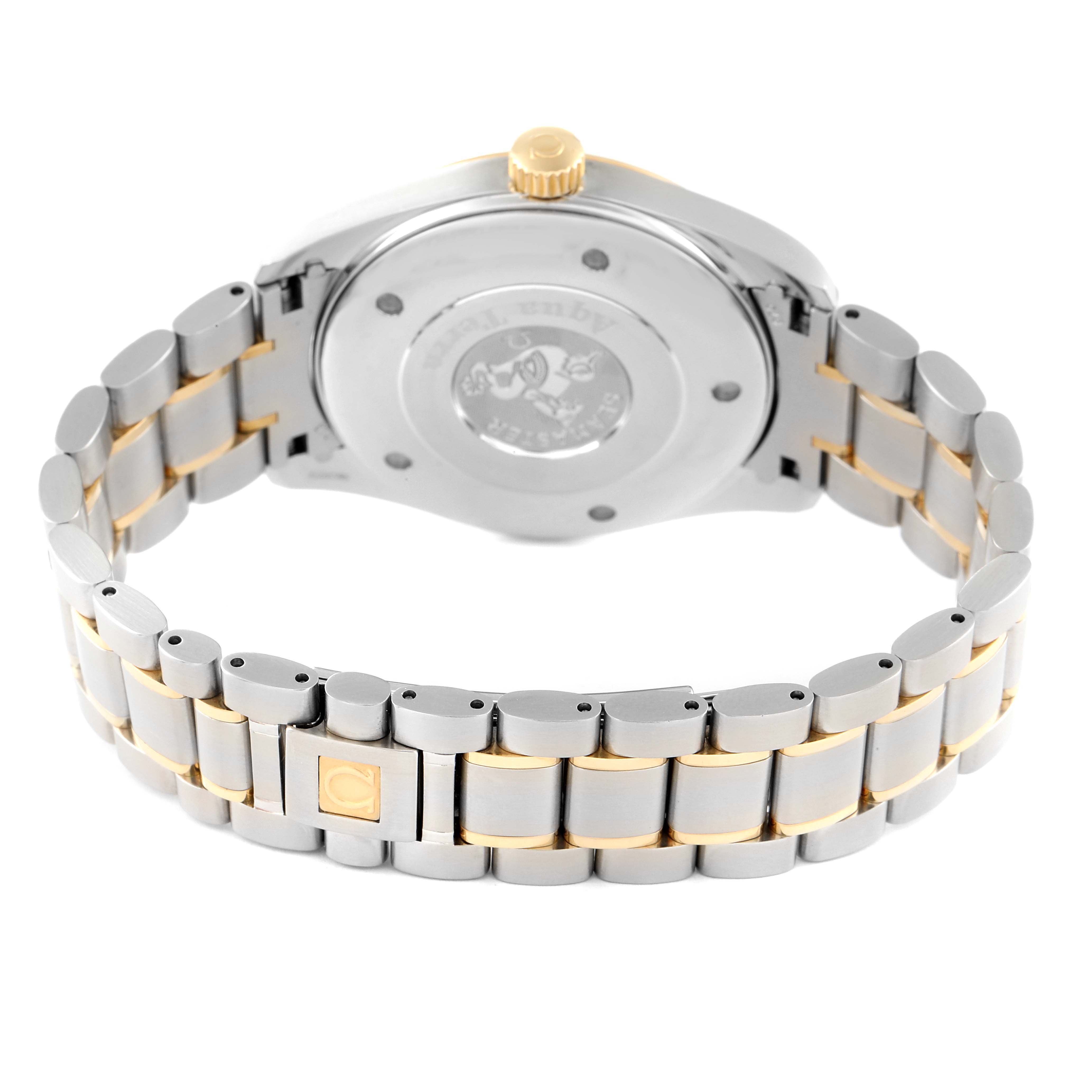 The image shows the back view and bracelet of an Omega Aqua Terra 2317.30.00 Men's Steel and Gold (two tone) Silver Dial 2317.30.00 Men's Steel and Gold (two tone) Silver Dial watch, featuring a two-tone metal design.