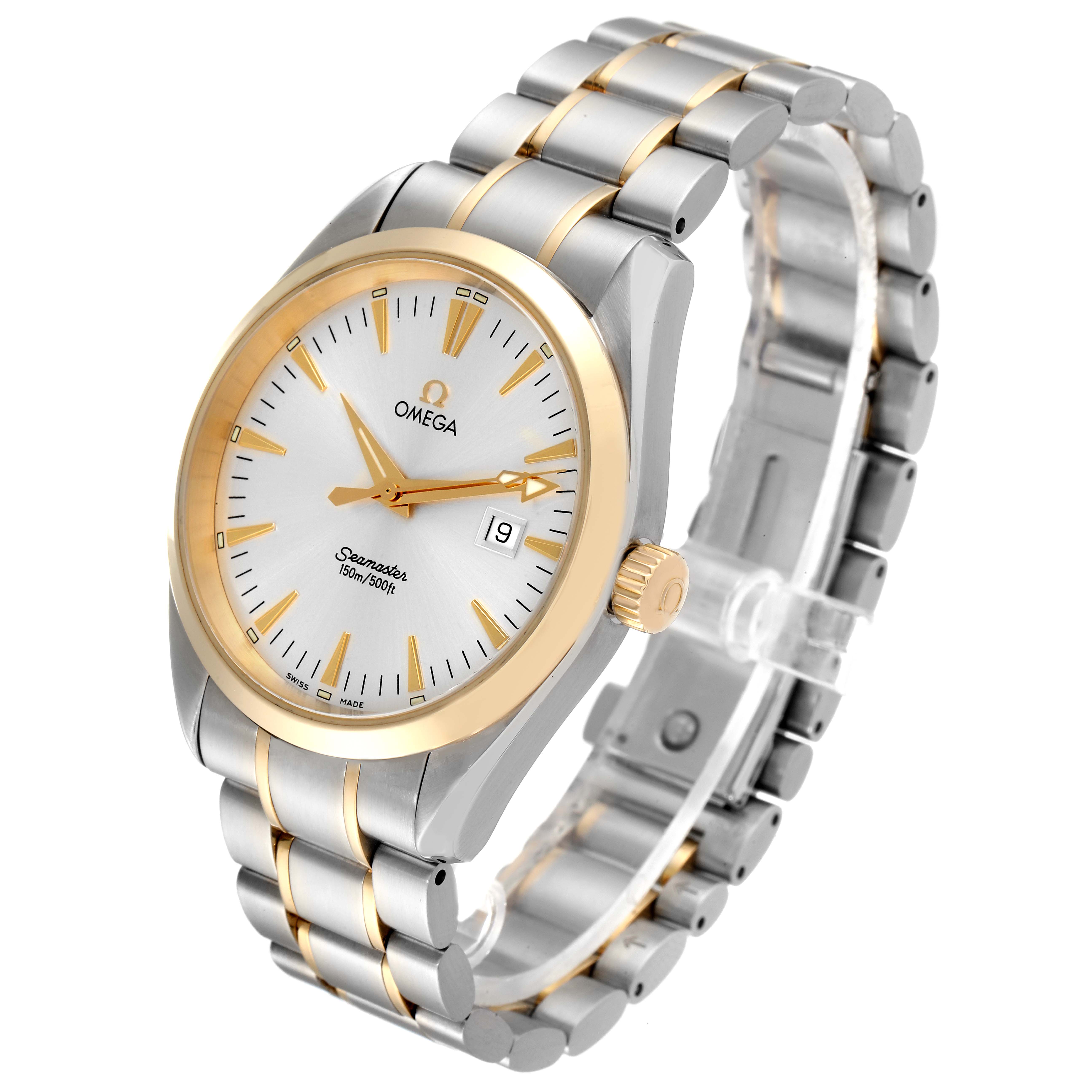 This image shows an Omega Aqua Terra 2317.30.00 Men's Steel and Gold (two tone) Silver Dial 2317.30.00 Men's Steel and Gold (two tone) Silver Dial watch at a three-quarter angle, displaying the face, bezel, crown, and bracelet.