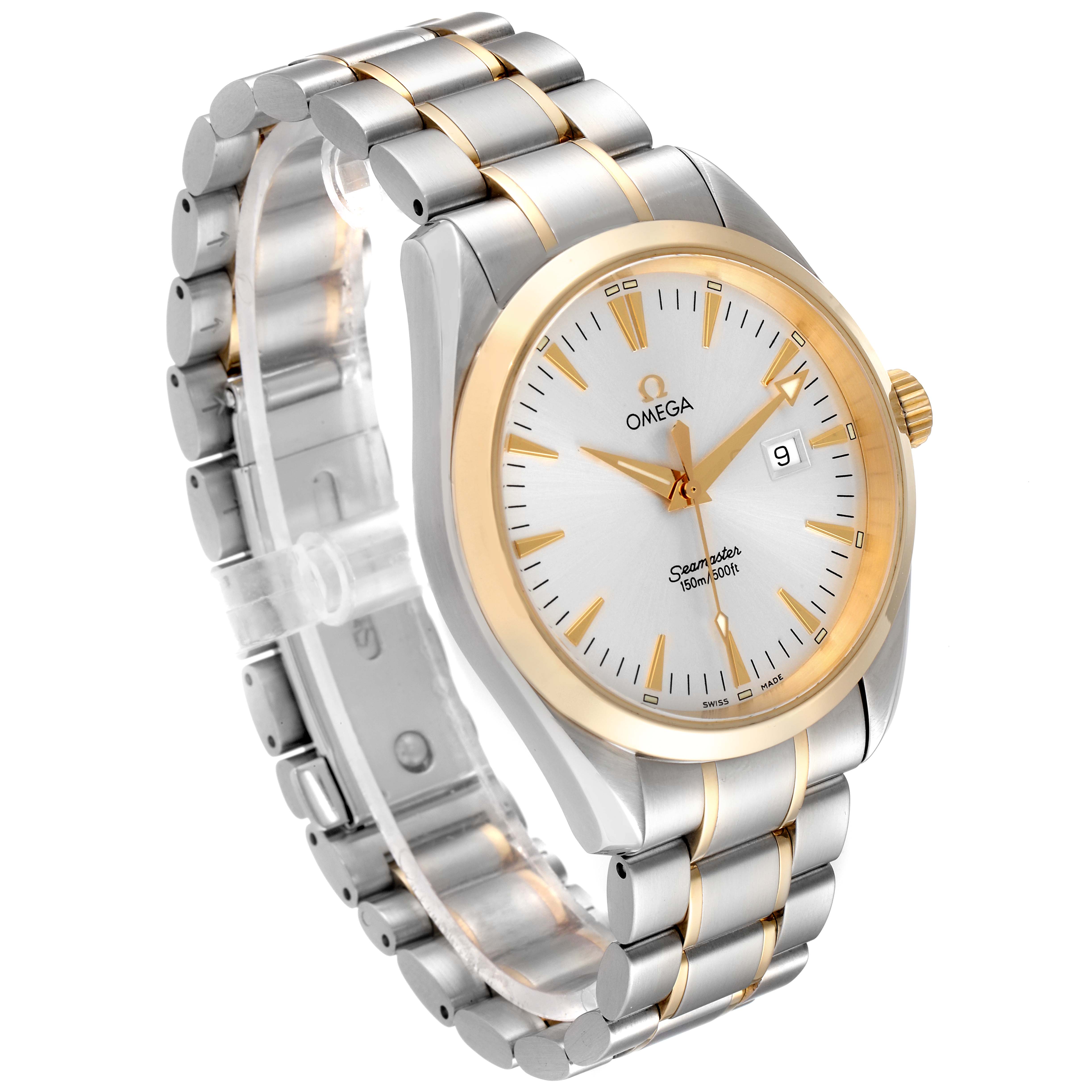 The image shows an Omega Aqua Terra 2317.30.00 Men's Steel and Gold (two tone) Silver Dial 2317.30.00 Men's Steel and Gold (two tone) Silver Dial watch angled to display the face, crown, and part of the bracelet with a mix of gold and silver tones.