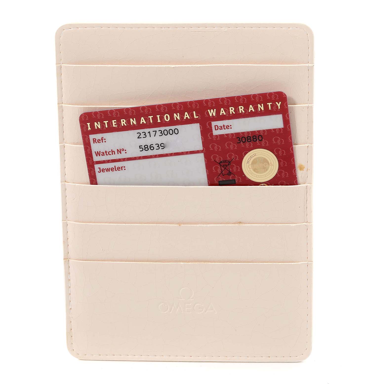 The image shows the international warranty card for the Omega Aqua Terra 2317.30.00 Men's Steel and Gold (two tone) Silver Dial 2317.30.00 Men's Steel and Gold (two tone) Silver Dial model, partly inserted in a beige card holder.