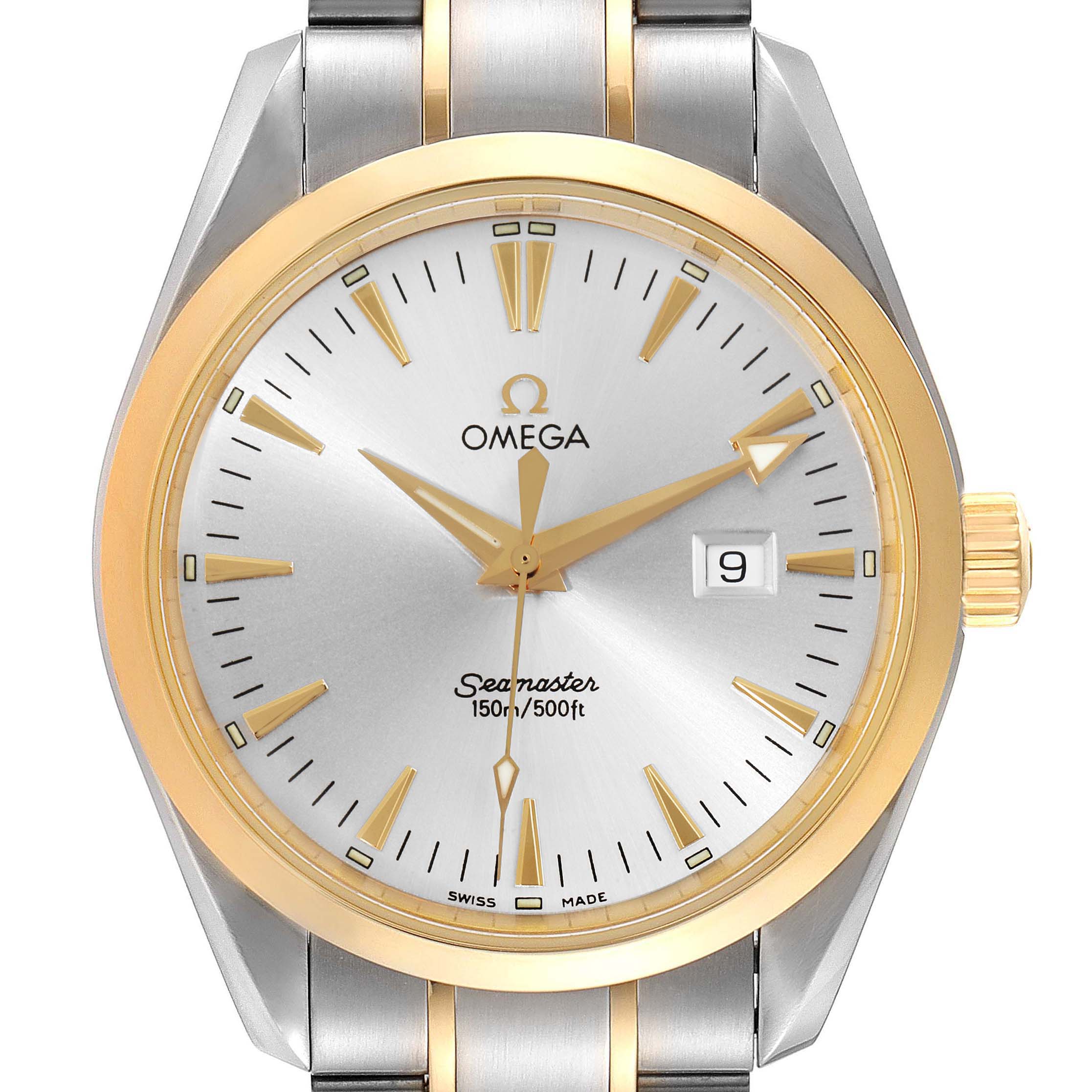 This Omega Aqua Terra 2317.30.00 Men's Steel and Gold (two tone) Silver Dial 2317.30.00 Men's Steel and Gold (two tone) Silver Dial watch is shown from a frontal angle, displaying its face, bezel, and parts of the bracelet.