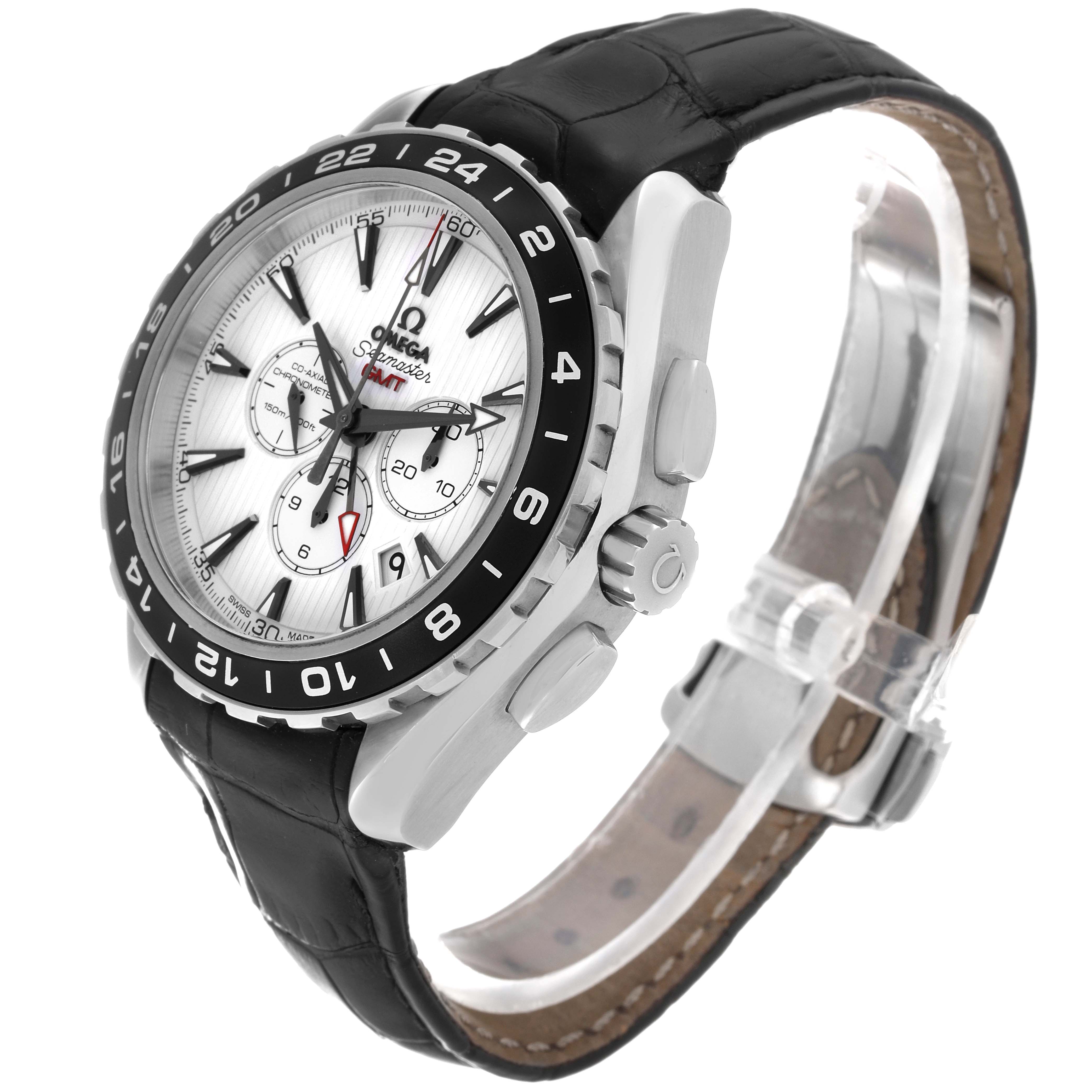 The image shows a side angle of the Omega Aqua Terra 231.13.44.52.04.001 Men
s Stainless Steel White Dial 231.13.44.52.04.001 Men
s Stainless Steel White Dial watch, highlighting the bezel, dial, crown, and black leather strap.