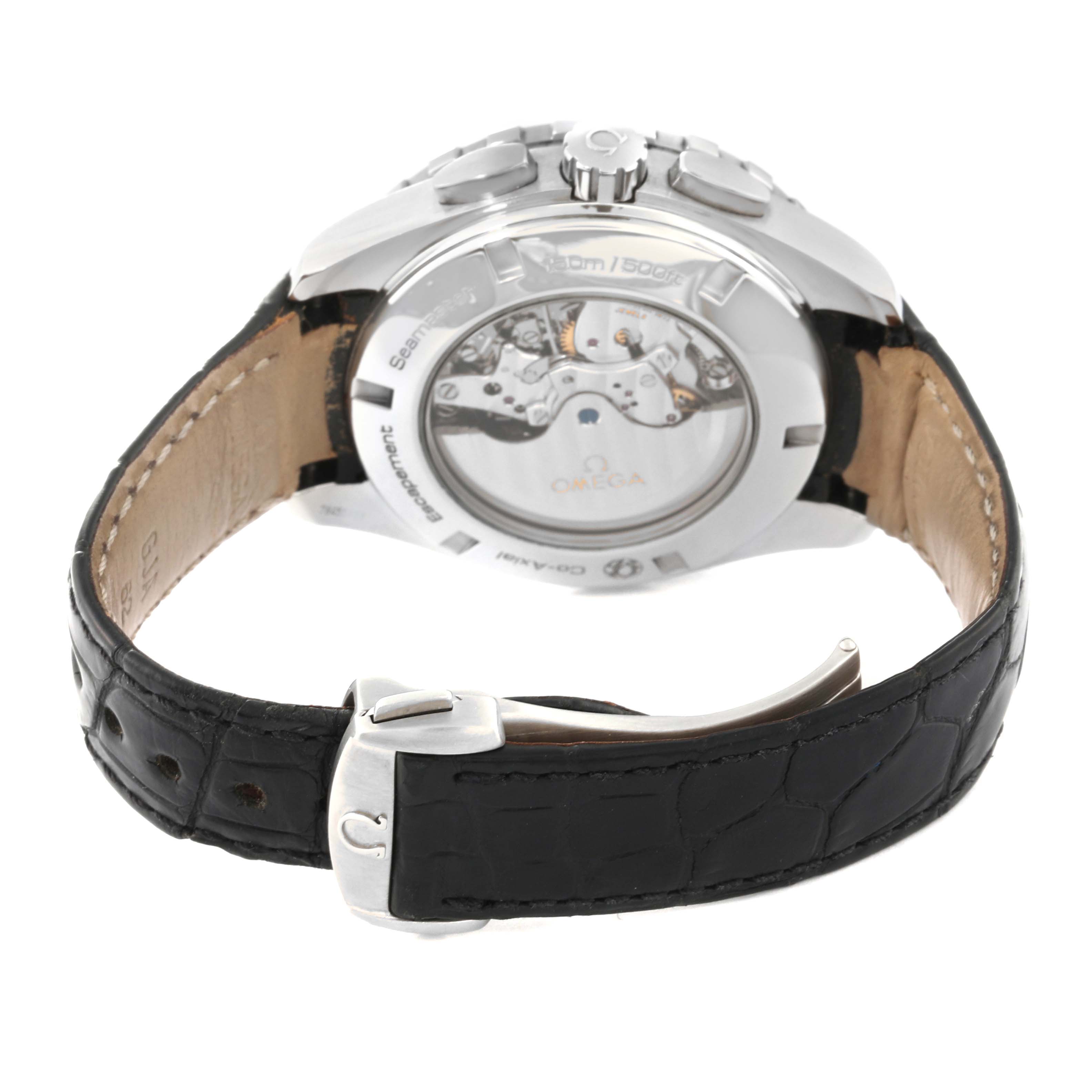 This image shows the Omega Aqua Terra 231.13.44.52.04.001 Men
s Stainless Steel White Dial 231.13.44.52.04.001 Men
s Stainless Steel White Dial watch from a rear angle, highlighting the open case back and leather strap with clasp.