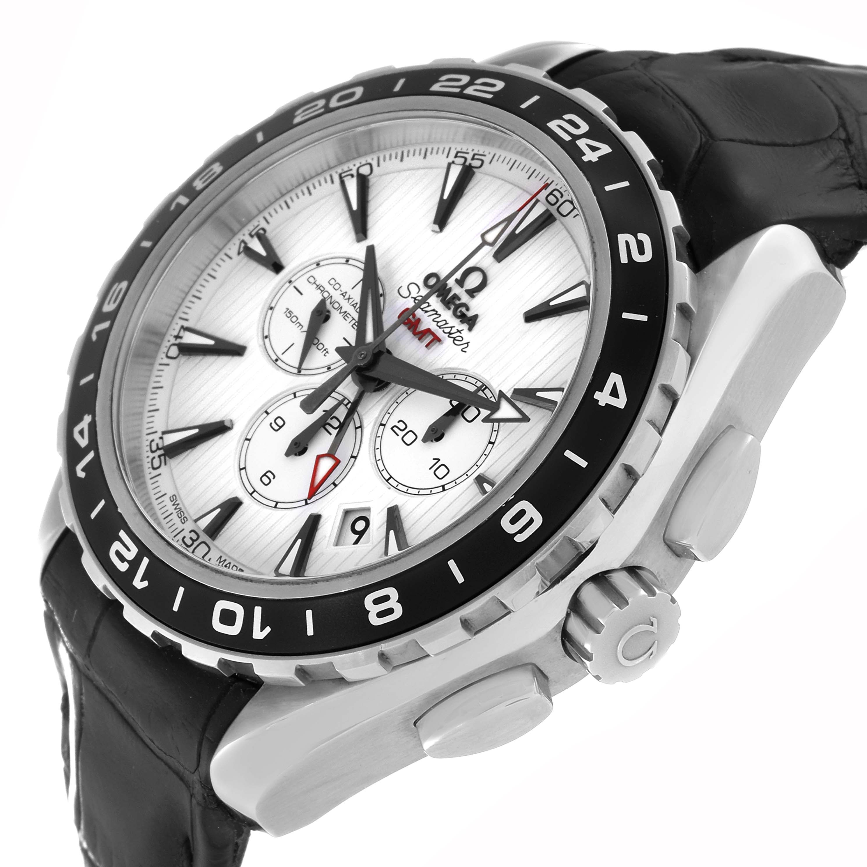 The Omega Aqua Terra 231.13.44.52.04.001 Men
s Stainless Steel White Dial 231.13.44.52.04.001 Men
s Stainless Steel White Dial watch is shown at an angle displaying its face, bezel, crown, pushers, and leather strap.