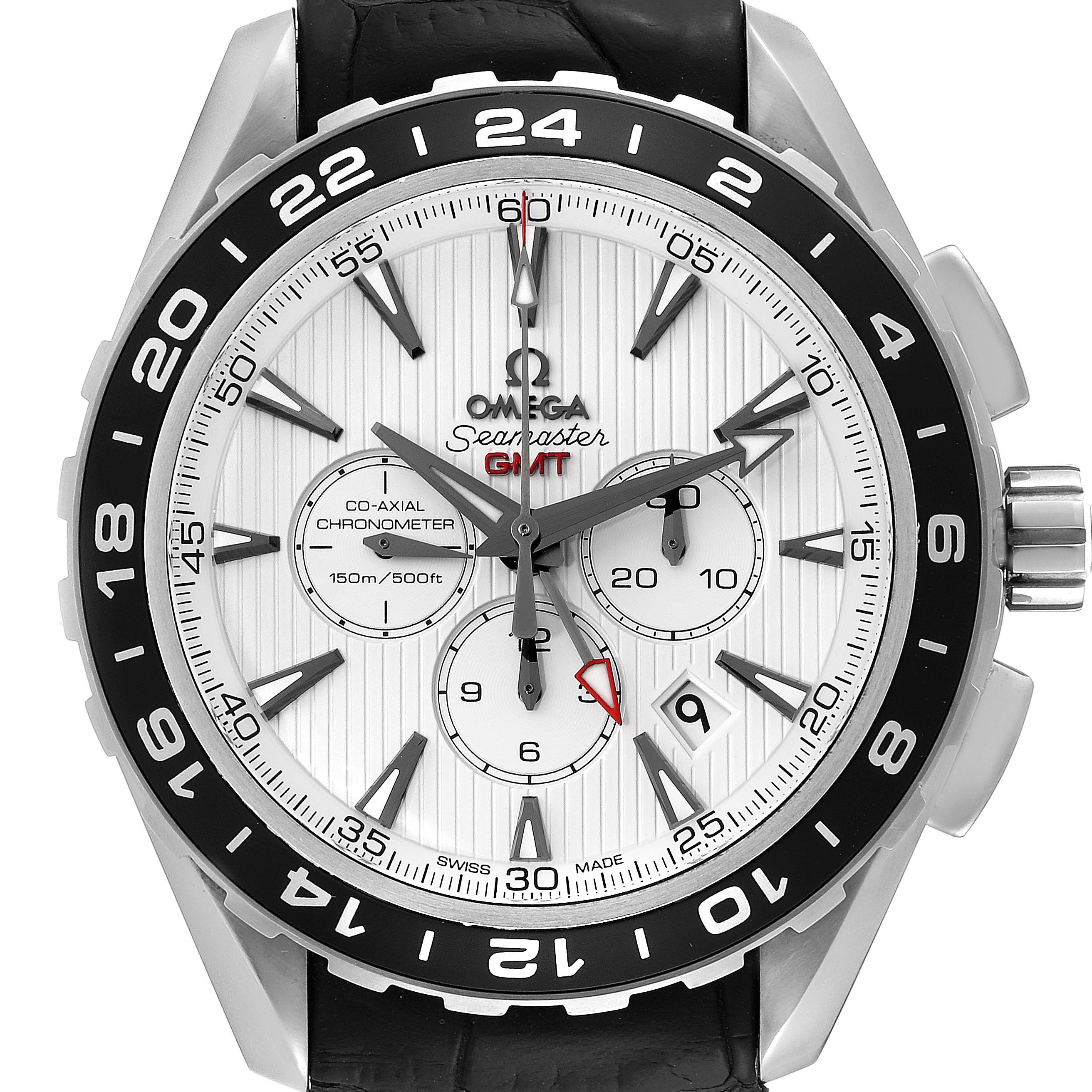 The image highlights the front dial and face of the Omega Aqua Terra 231.13.44.52.04.001 Men
s Stainless Steel White Dial 231.13.44.52.04.001 Men
s Stainless Steel White Dial Seamaster GMT watch, including its bezel and crown.