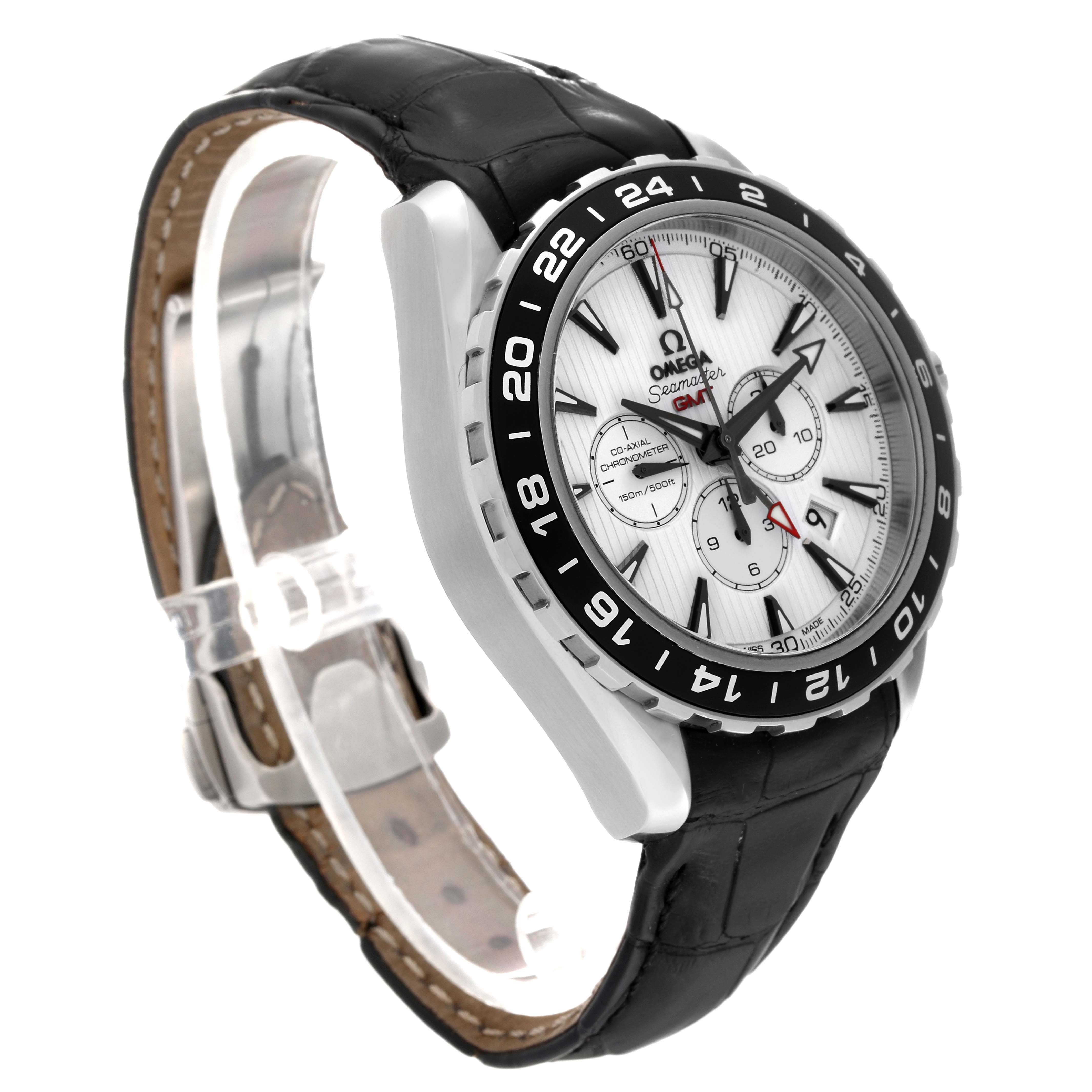 The image shows a side angle of the Omega Aqua Terra 231.13.44.52.04.001 Men
s Stainless Steel White Dial 231.13.44.52.04.001 Men
s Stainless Steel White Dial watch, highlighting its bezel, dial, and black leather strap.