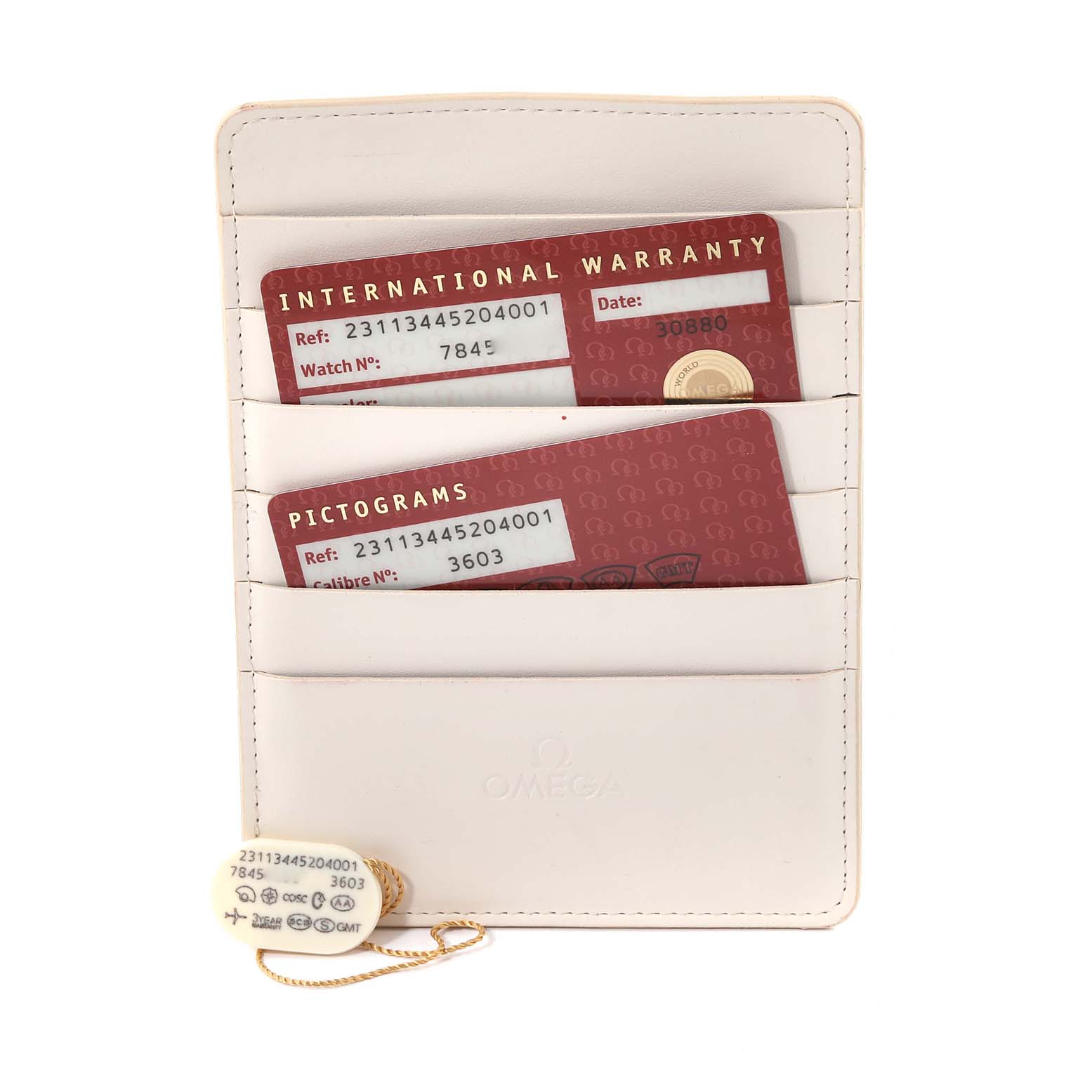 The image shows the warranty cards and accessories for the Omega Aqua Terra 231.13.44.52.04.001 Men
s Stainless Steel White Dial 231.13.44.52.04.001 Men
s Stainless Steel White Dial model, including the international warranty and pictogram cards in a holder.