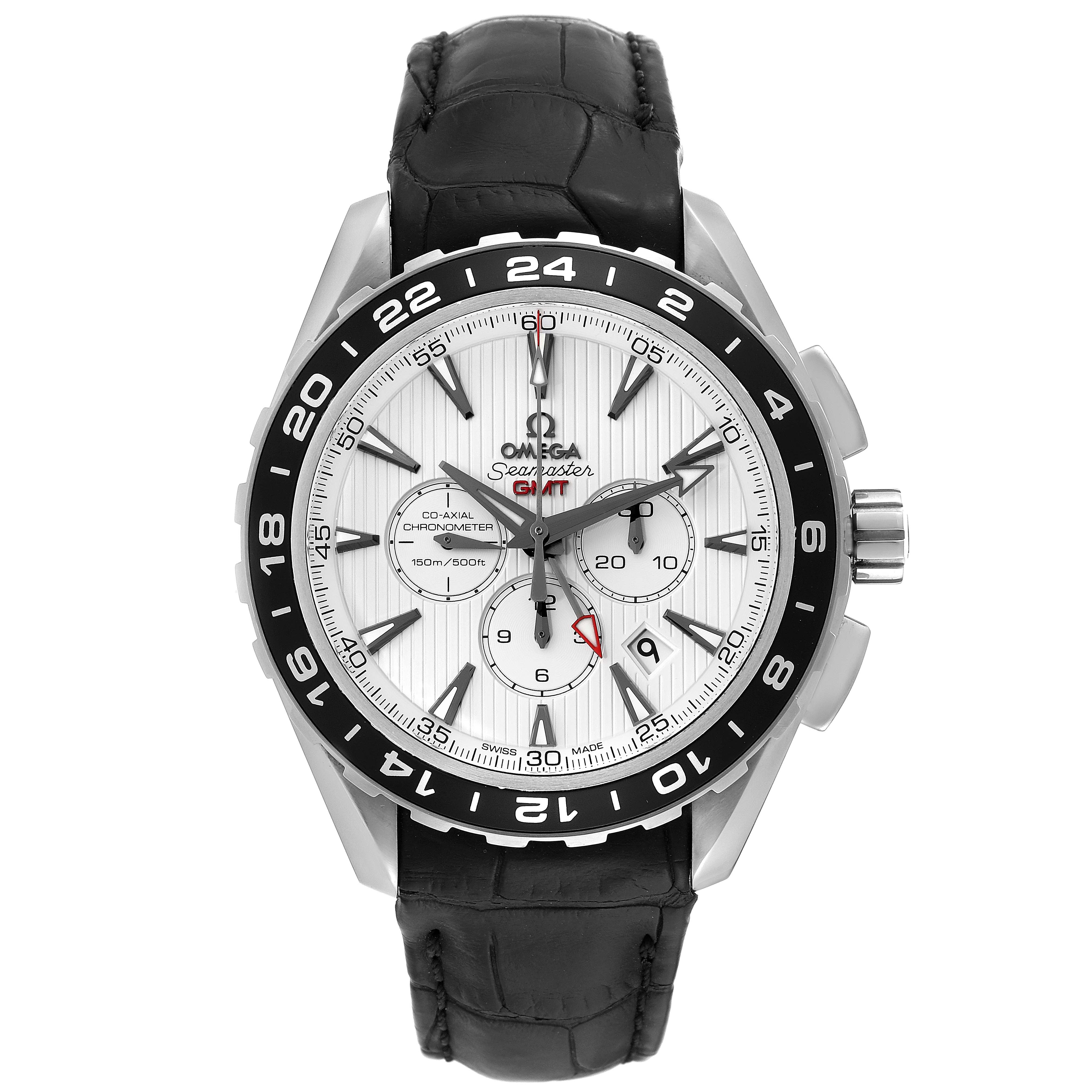 This image displays a frontal view of the Omega Aqua Terra 231.13.44.52.04.001 Men
s Stainless Steel White Dial 231.13.44.52.04.001 Men
s Stainless Steel White Dial watch, highlighting its face, bezel, and leather strap.