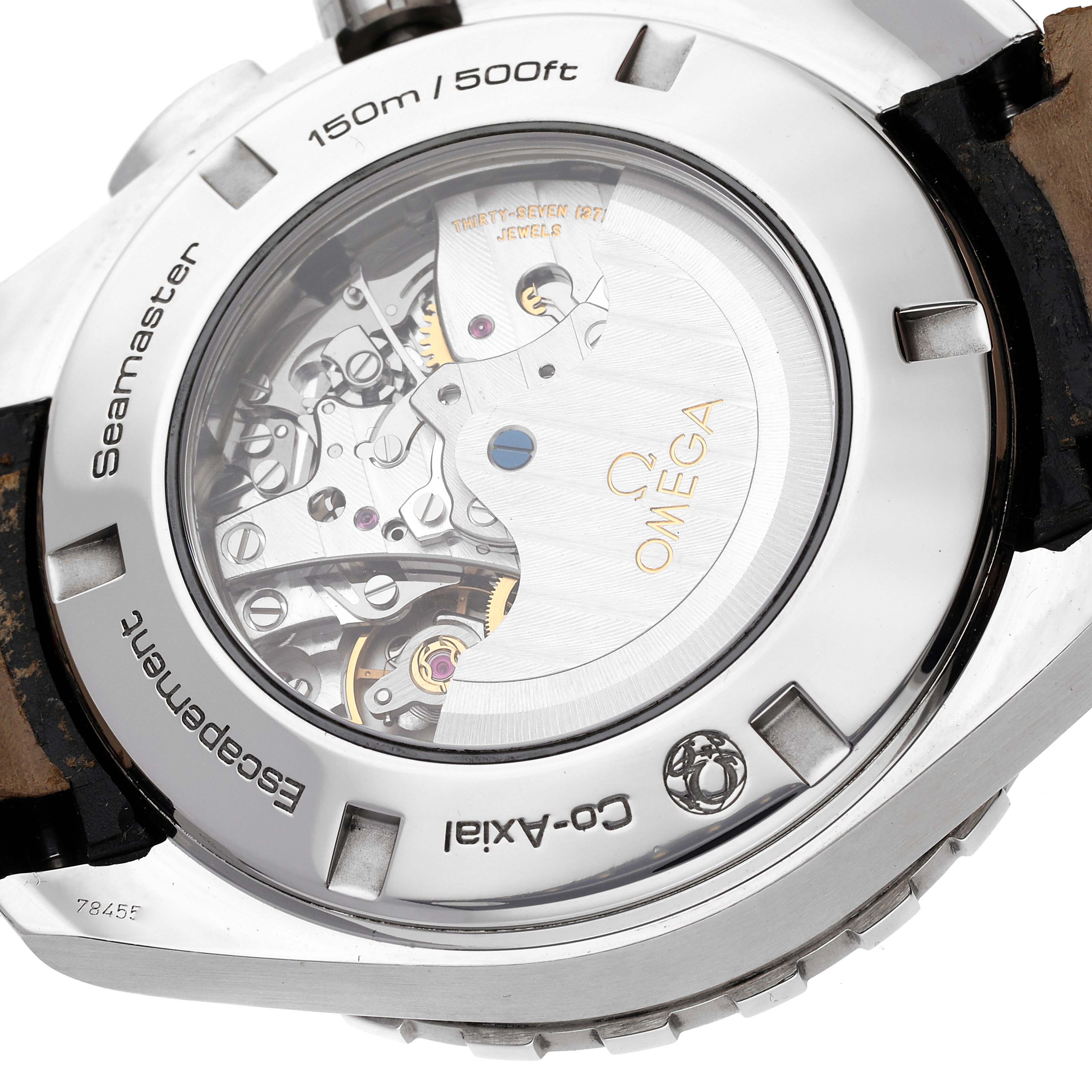 The image shows the back of the Omega Aqua Terra 231.13.44.52.04.001 Men
s Stainless Steel White Dial 231.13.44.52.04.001 Men
s Stainless Steel White Dial watch, highlighting the clear case back and internal movement.