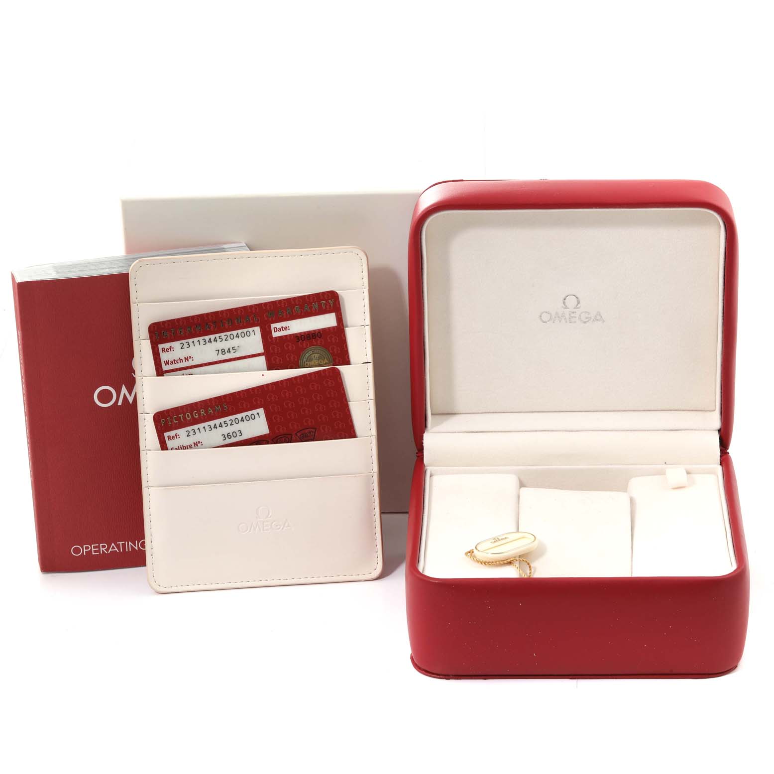 The image shows an Omega Aqua Terra 231.13.44.52.04.001 Men
s Stainless Steel White Dial 231.13.44.52.04.001 Men
s Stainless Steel White Dial watch, open red and white display case, warranty cards, and the operating manual.