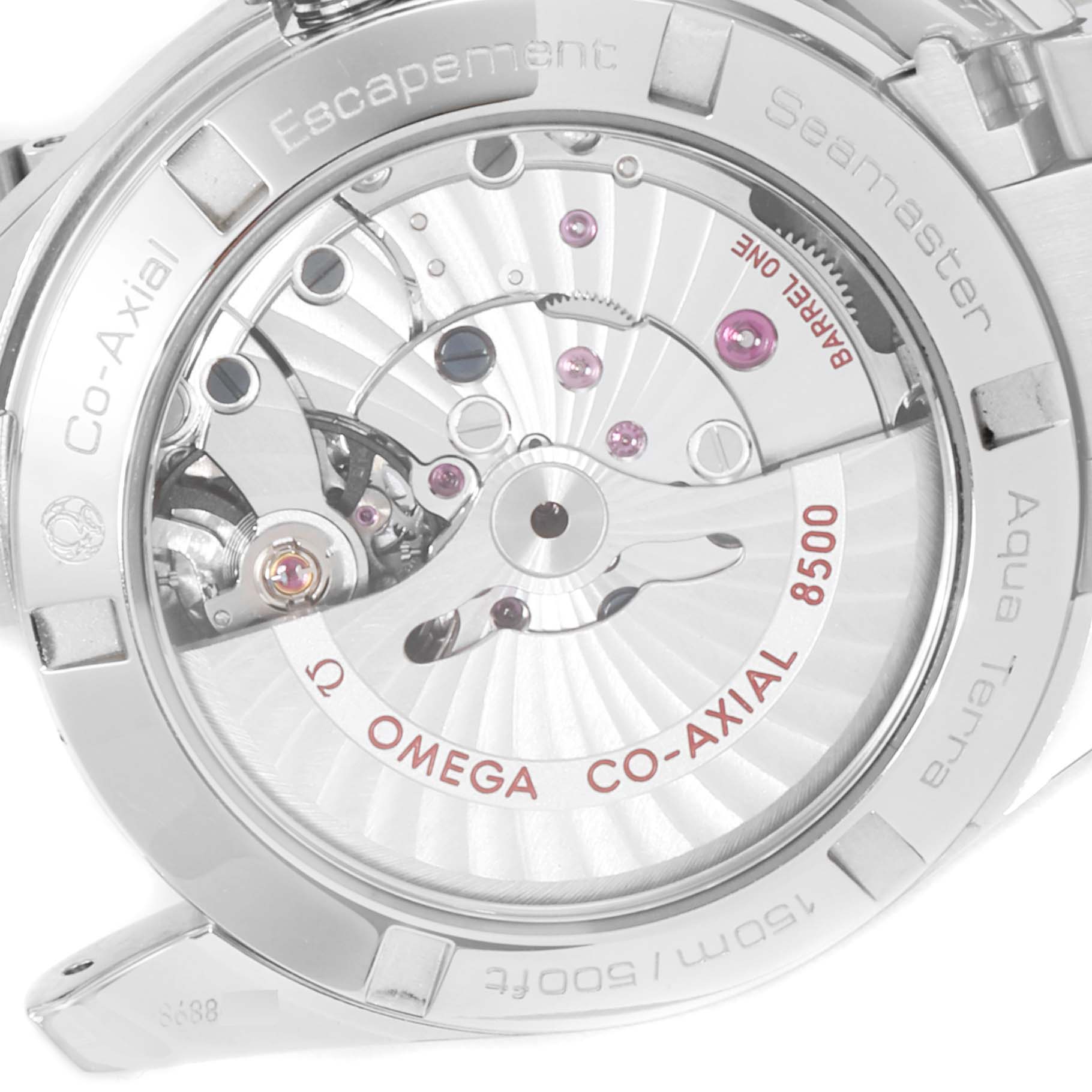 This image shows the case back view of the Omega Aqua Terra 231.10.39.21.06.001 Men
s Stainless Steel Grey Dial 231.10.39.21.06.001 Men
s Stainless Steel Grey Dial watch, revealing the inner mechanisms and inscriptions.