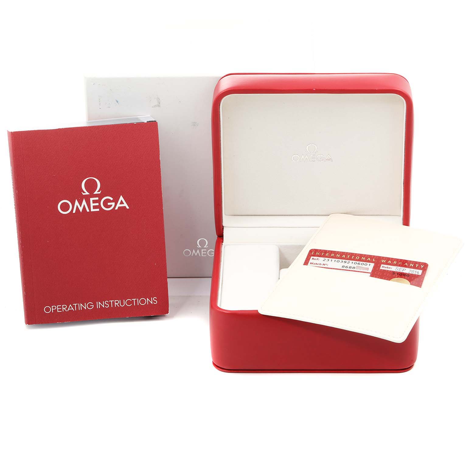 The image shows an Omega Aqua Terra 231.10.39.21.06.001 Men
s Stainless Steel Grey Dial 231.10.39.21.06.001 Men
s Stainless Steel Grey Dial watch box, operating instructions booklet, and an international warranty card.