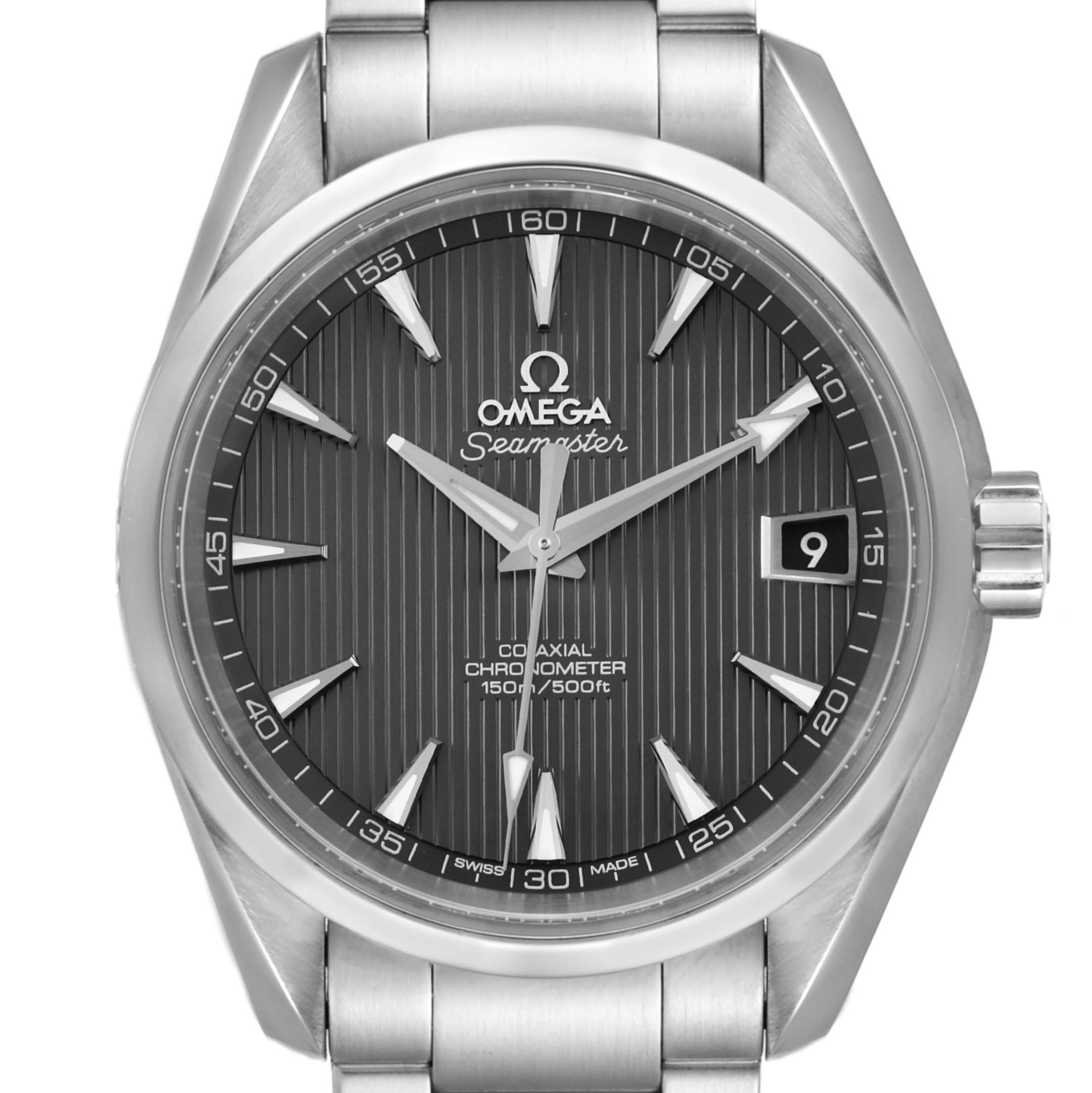 The Omega Aqua Terra 231.10.39.21.06.001 Men
s Stainless Steel Grey Dial 231.10.39.21.06.001 Men
s Stainless Steel Grey Dial watch is shown from a front angle, displaying the face, bezel, crown, and part of the bracelet.