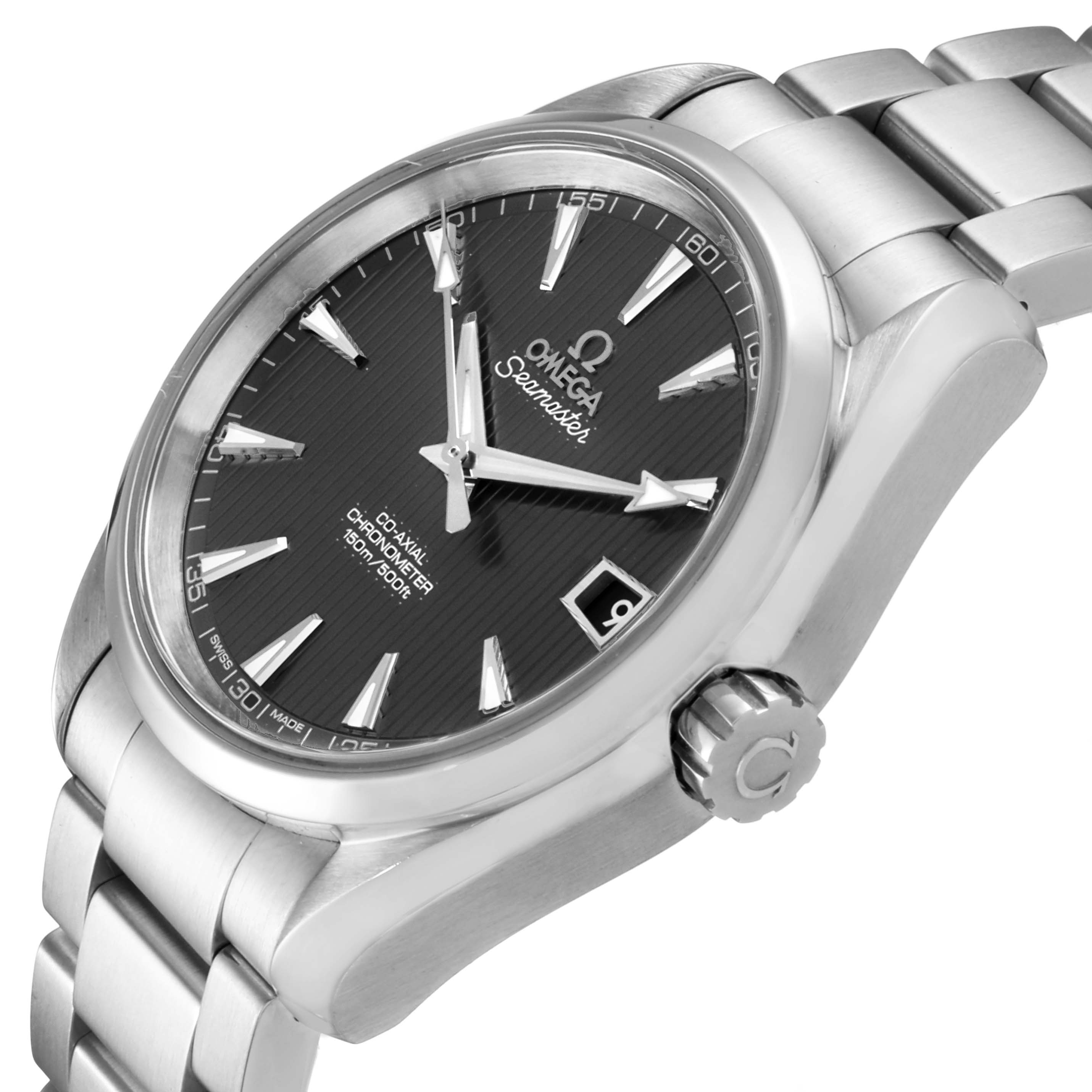 The image shows an Omega Aqua Terra 231.10.39.21.06.001 Men
s Stainless Steel Grey Dial 231.10.39.21.06.001 Men
s Stainless Steel Grey Dial Seamaster watch at a three-quarter angle, highlighting the dial, bezel, crown, and part of the bracelet.