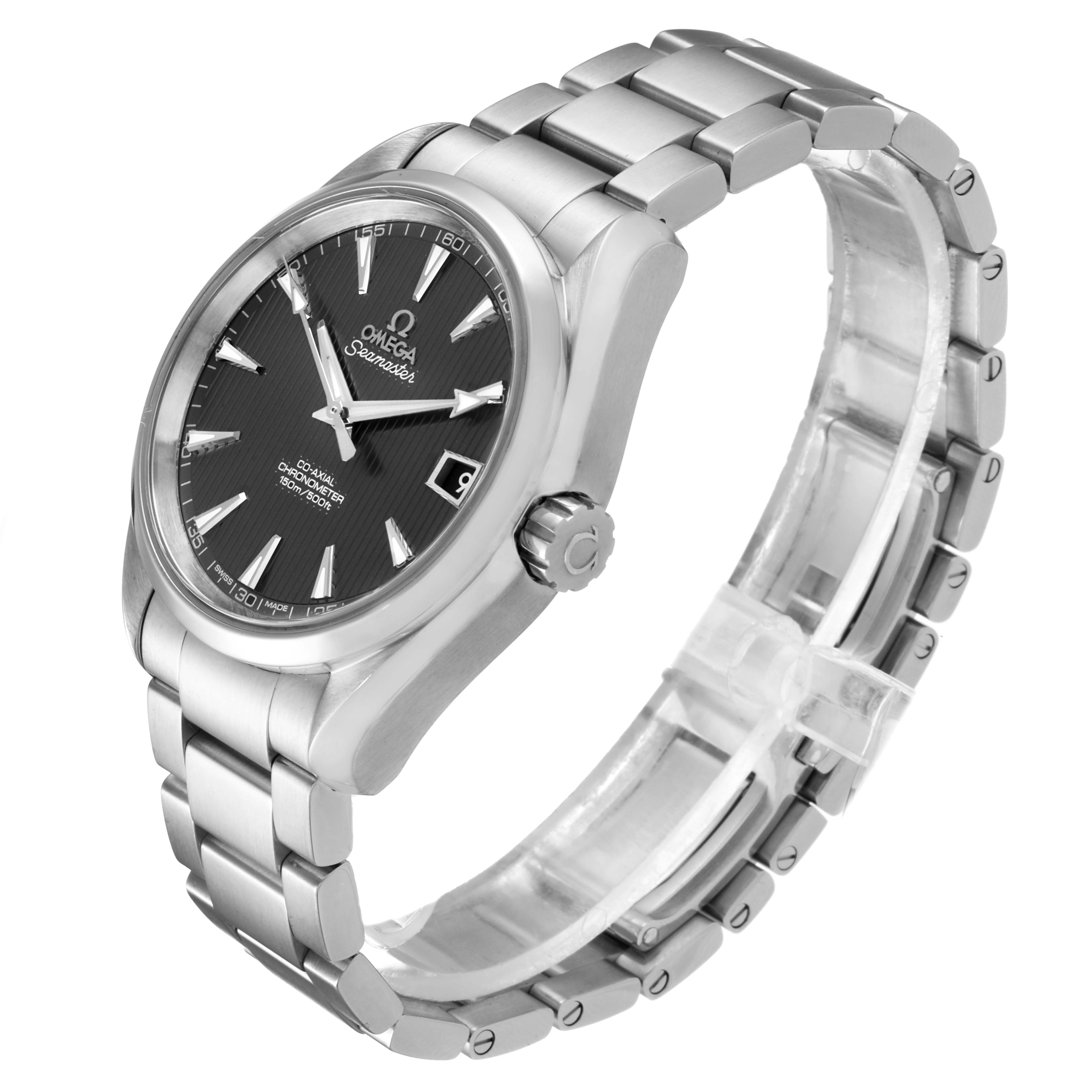 The Omega Aqua Terra 231.10.39.21.06.001 Men
s Stainless Steel Grey Dial 231.10.39.21.06.001 Men
s Stainless Steel Grey Dial watch is shown at a three-quarters angle, displaying its face, steel bracelet, and crown.