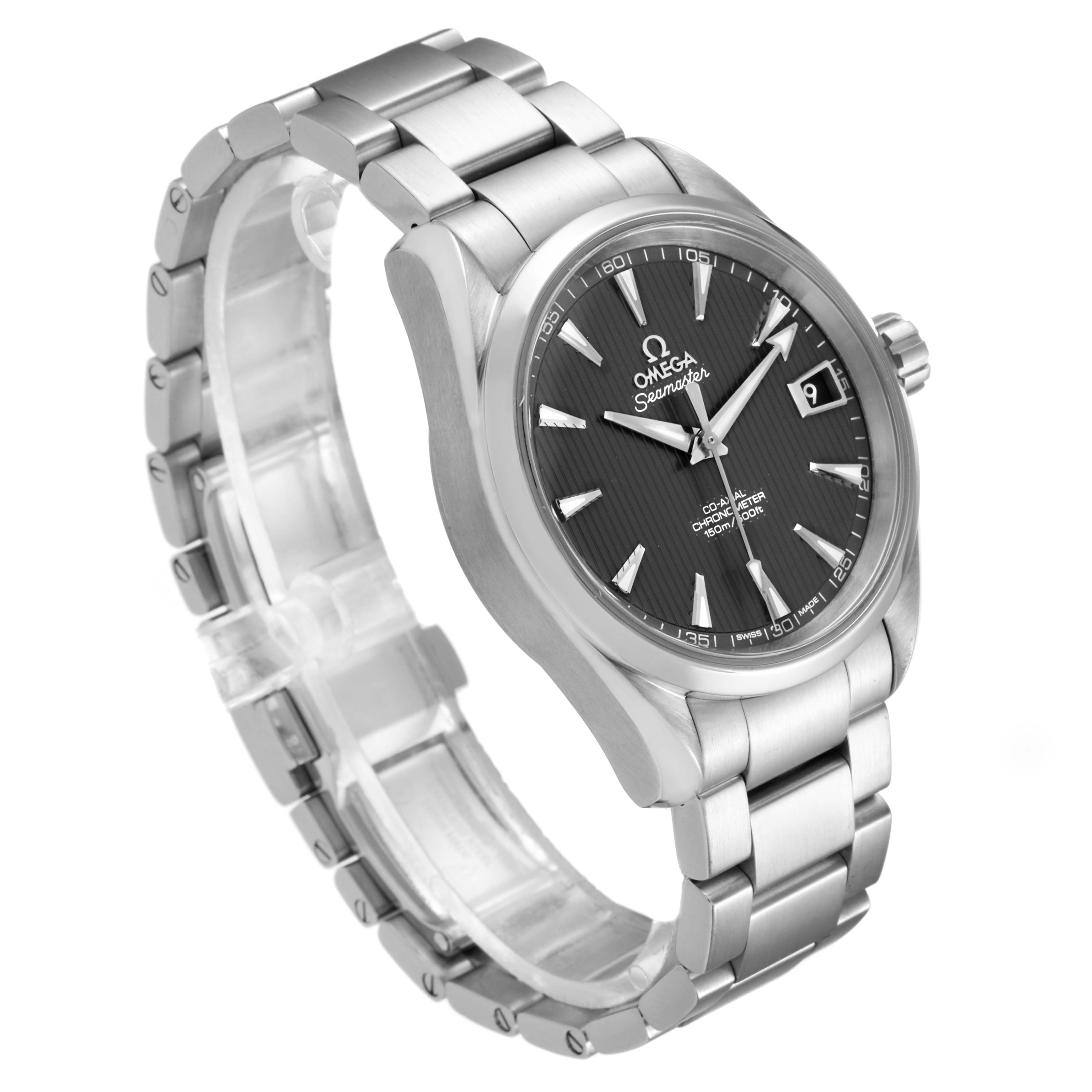 The Omega Aqua Terra 231.10.39.21.06.001 Men
s Stainless Steel Grey Dial 231.10.39.21.06.001 Men
s Stainless Steel Grey Dial watch is shown from a three-quarter angle, displaying the face, bezel, bracelet, and crown.