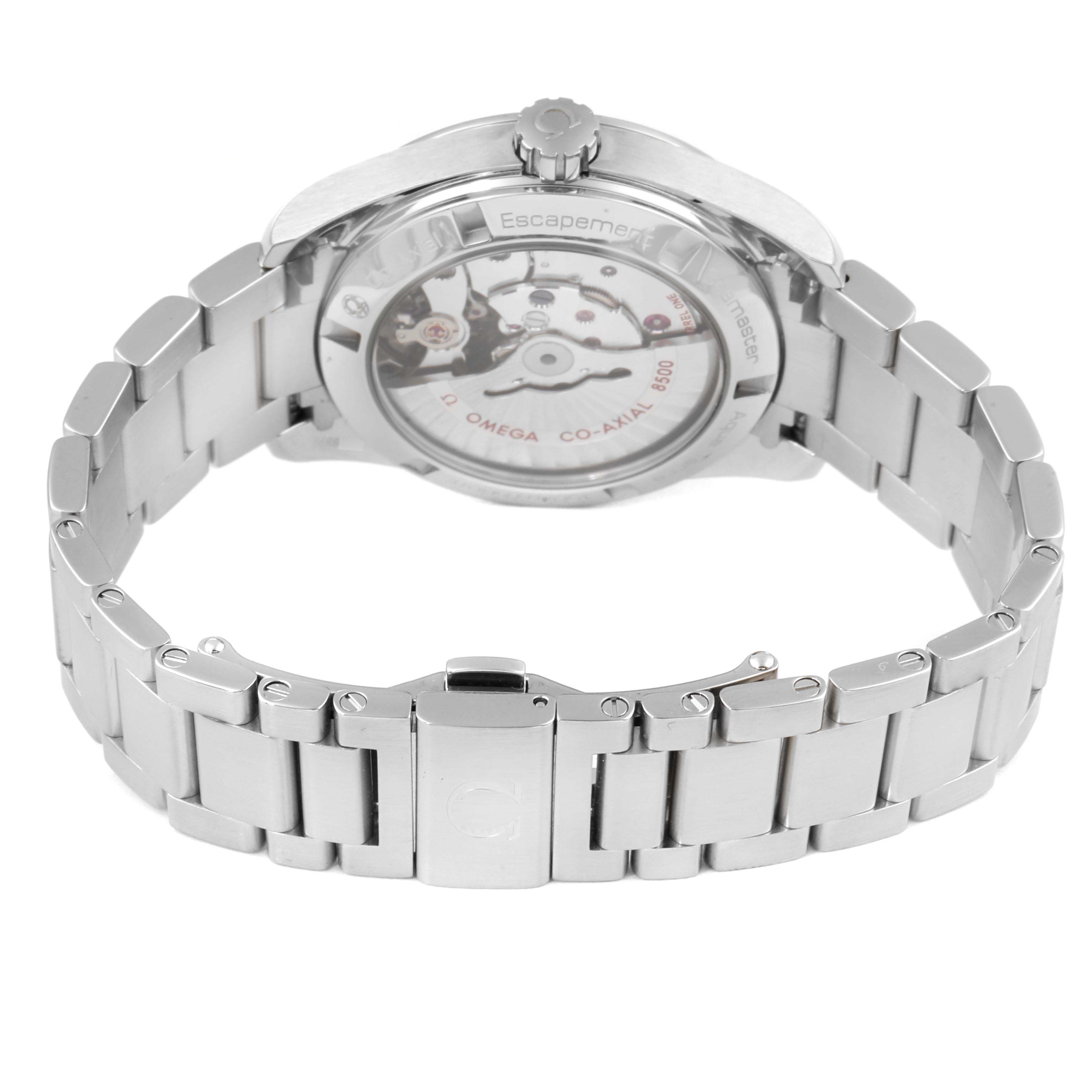 The image shows the back case and bracelet of the Omega Aqua Terra 231.10.39.21.06.001 Men
s Stainless Steel Grey Dial 231.10.39.21.06.001 Men
s Stainless Steel Grey Dial watch, highlighting its Co-Axial movement.