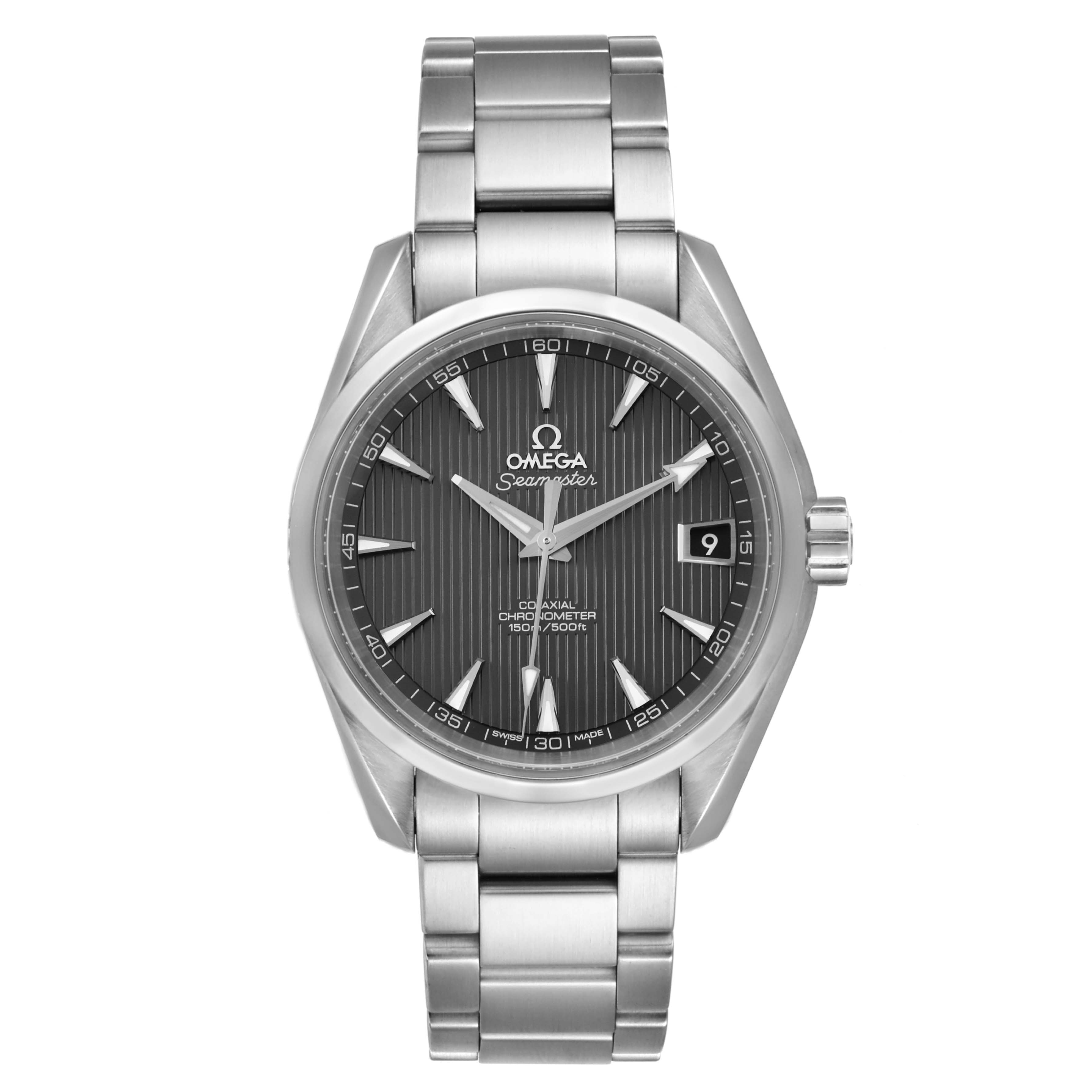The image shows a front view of the Omega Aqua Terra 231.10.39.21.06.001 Men
s Stainless Steel Grey Dial 231.10.39.21.06.001 Men
s Stainless Steel Grey Dial watch, highlighting the face, bezel, and metal bracelet.