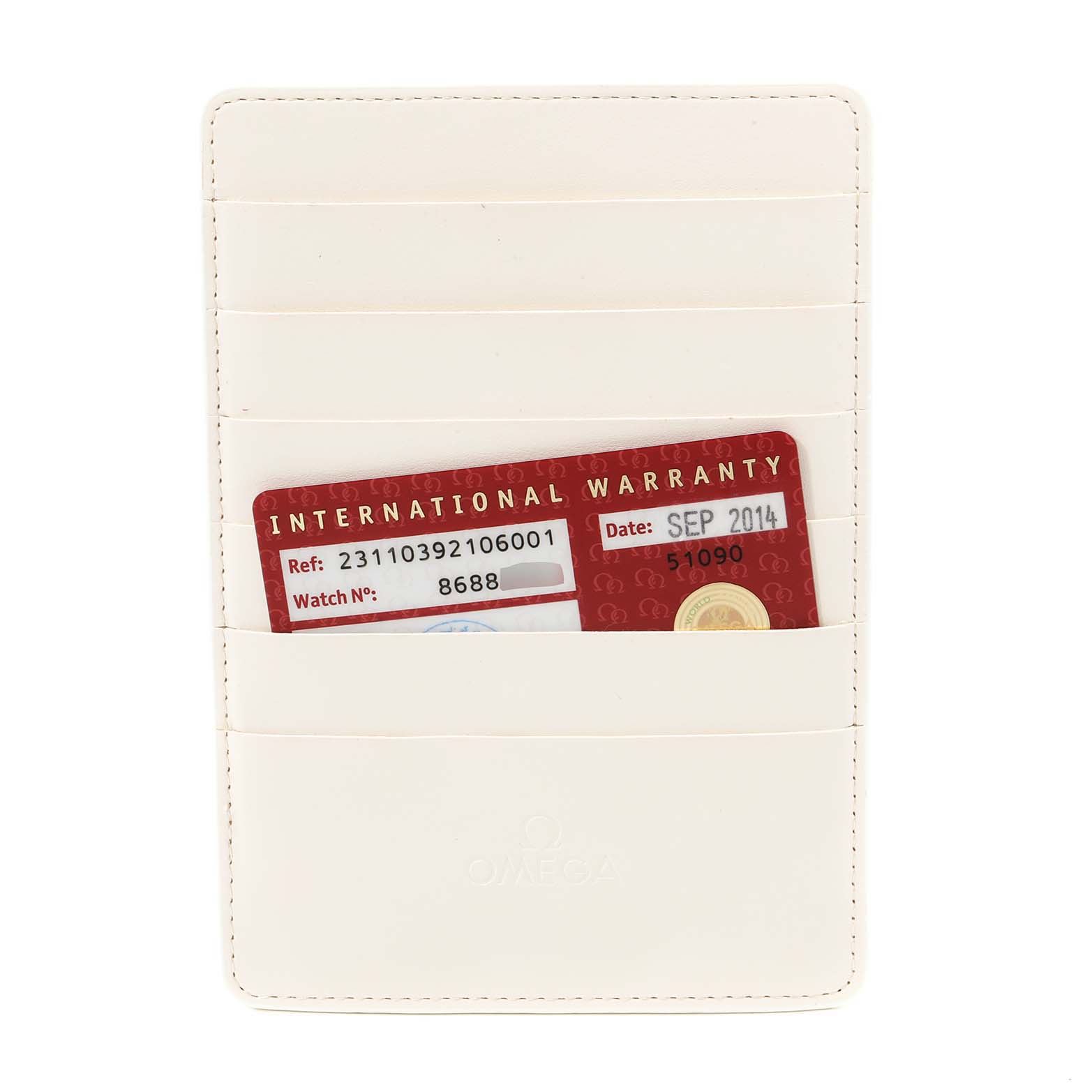 The image shows an Omega Aqua Terra 231.10.39.21.06.001 Men
s Stainless Steel Grey Dial 231.10.39.21.06.001 Men
s Stainless Steel Grey Dial model’s international warranty card in a white cardholder.