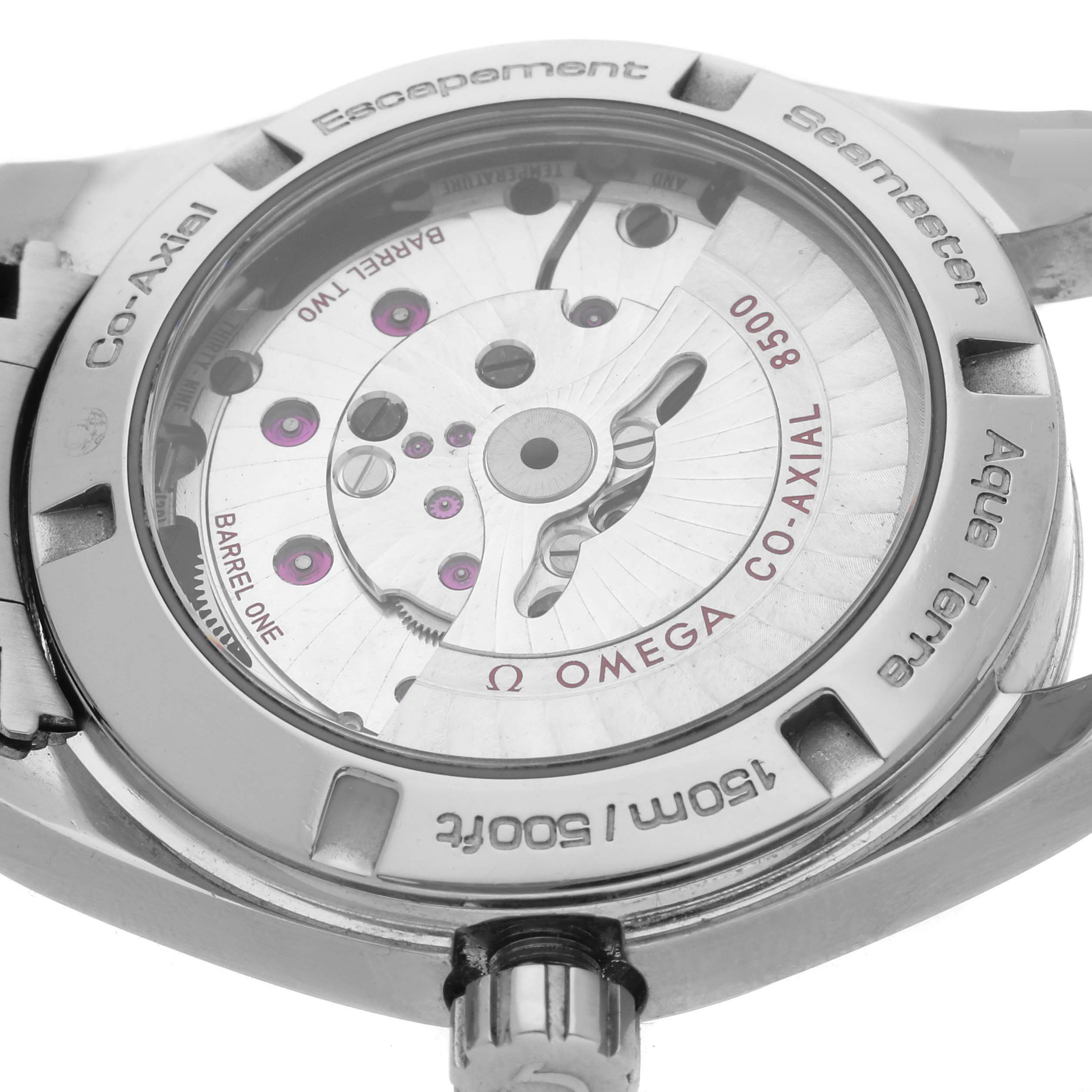 The image shows the back of the Omega Aqua Terra 231.10.39.21.02.001 Men's Stainless Steel Silver Dial 231.10.39.21.02.001 Men's Stainless Steel Silver Dial, highlighting the Co-Axial escapement and movement mechanism.