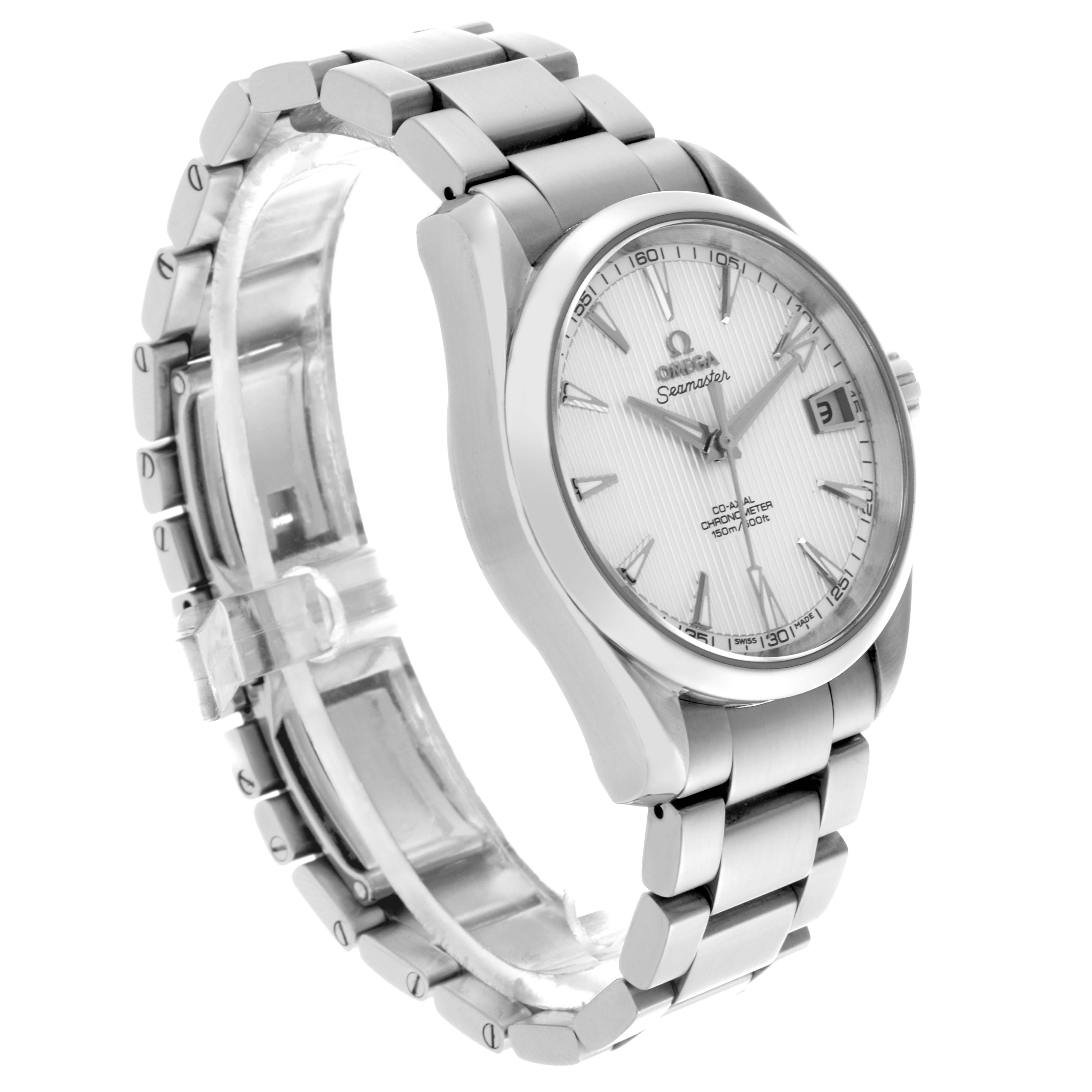 The Omega Aqua Terra 231.10.39.21.02.001 Men's Stainless Steel Silver Dial 231.10.39.21.02.001 Men's Stainless Steel Silver Dial watch is shown at a three-quarter angle, highlighting the dial, bezel, bracelet, and clasp.