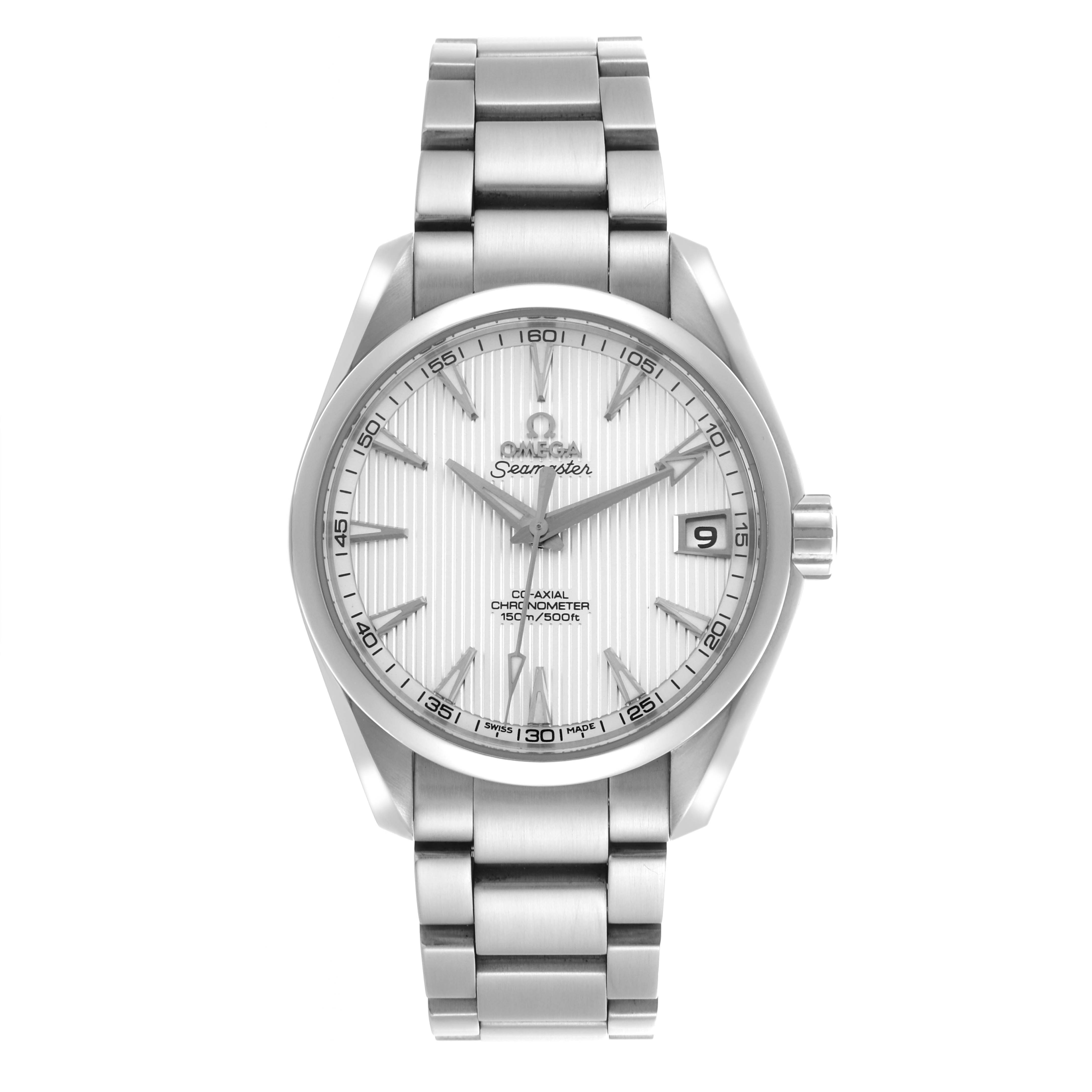 The Omega Aqua Terra 231.10.39.21.02.001 Men's Stainless Steel Silver Dial 231.10.39.21.02.001 Men's Stainless Steel Silver Dial watch is shown from a front angle, displaying the dial, case, bracelet, and crown.
