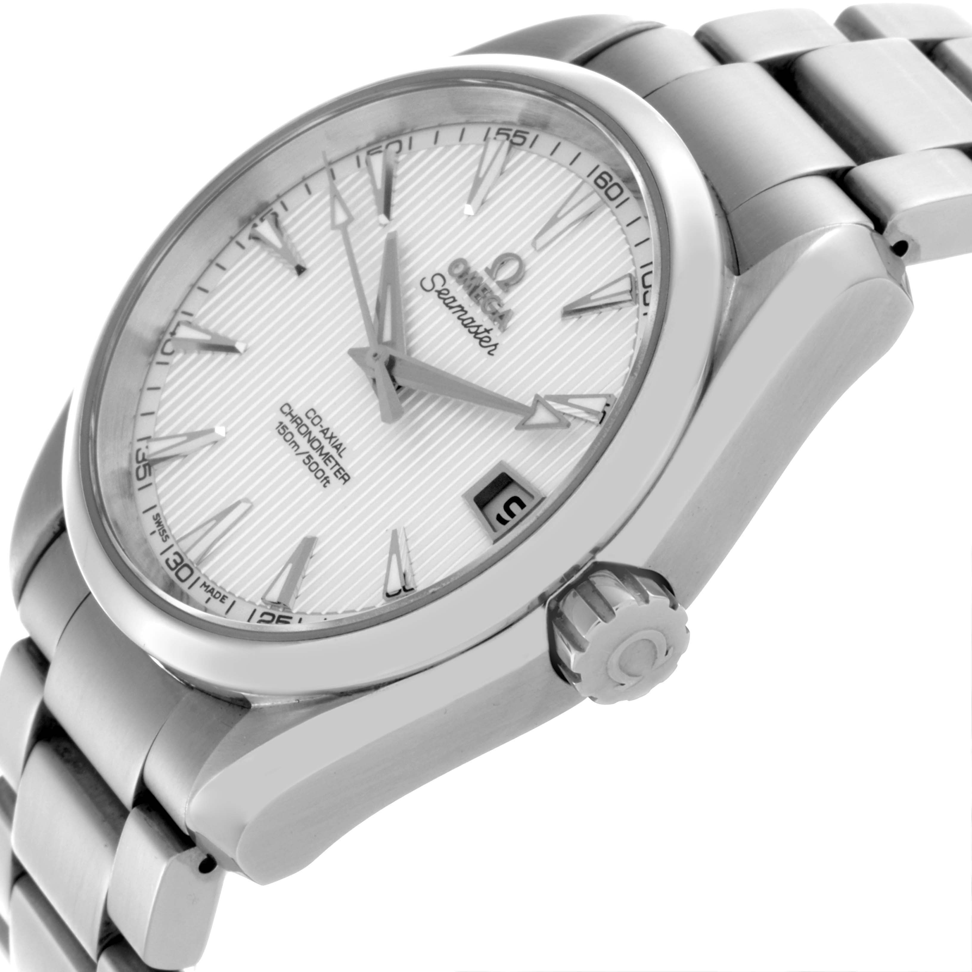 The Omega Aqua Terra 231.10.39.21.02.001 Men's Stainless Steel Silver Dial 231.10.39.21.02.001 Men's Stainless Steel Silver Dial watch is shown at a side angle, displaying the dial, bracelet, crown, and part of the bezel.