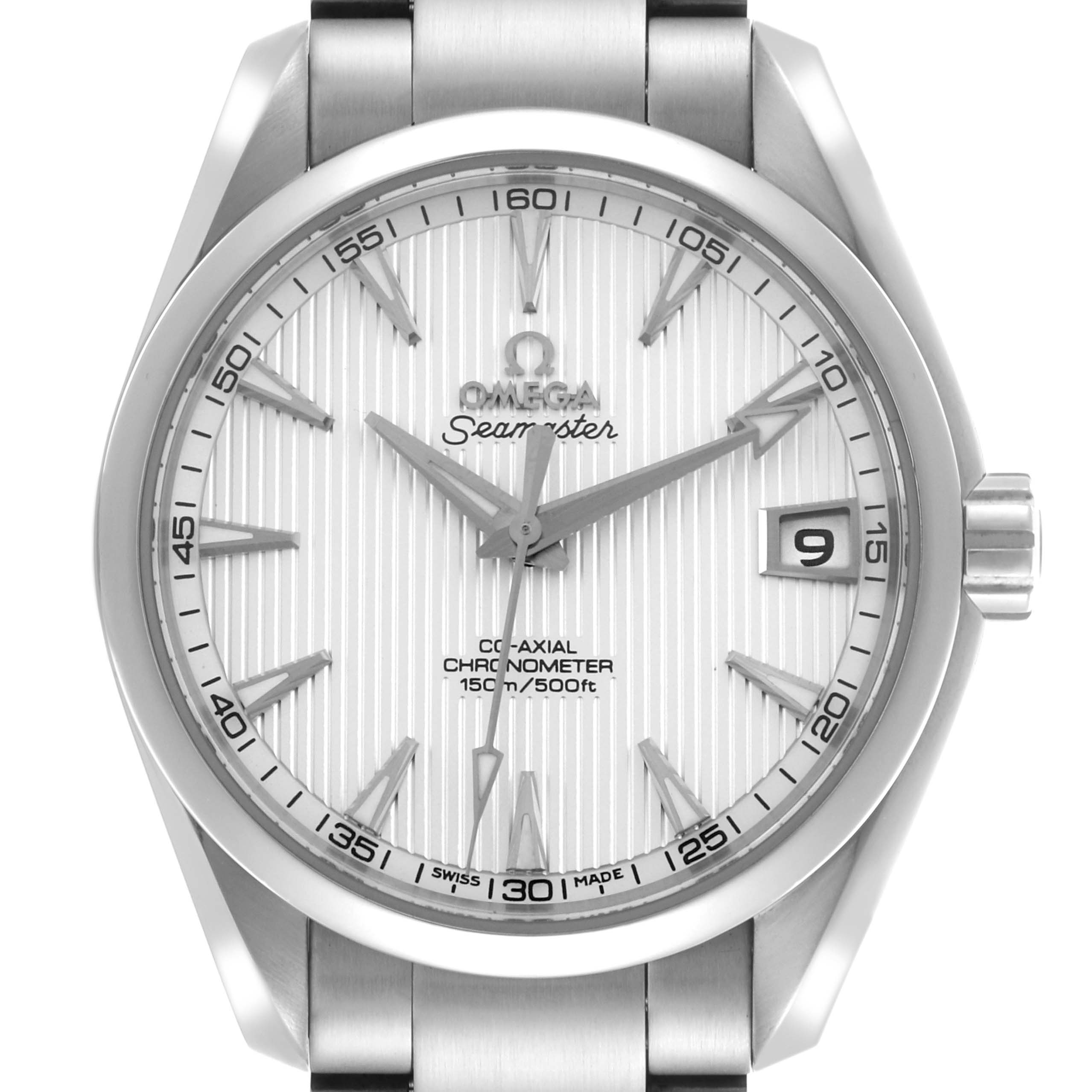 The Omega Aqua Terra 231.10.39.21.02.001 Men's Stainless Steel Silver Dial 231.10.39.21.02.001 Men's Stainless Steel Silver Dial watch is shown from a front angle, highlighting its face, bezel, and part of the bracelet.
