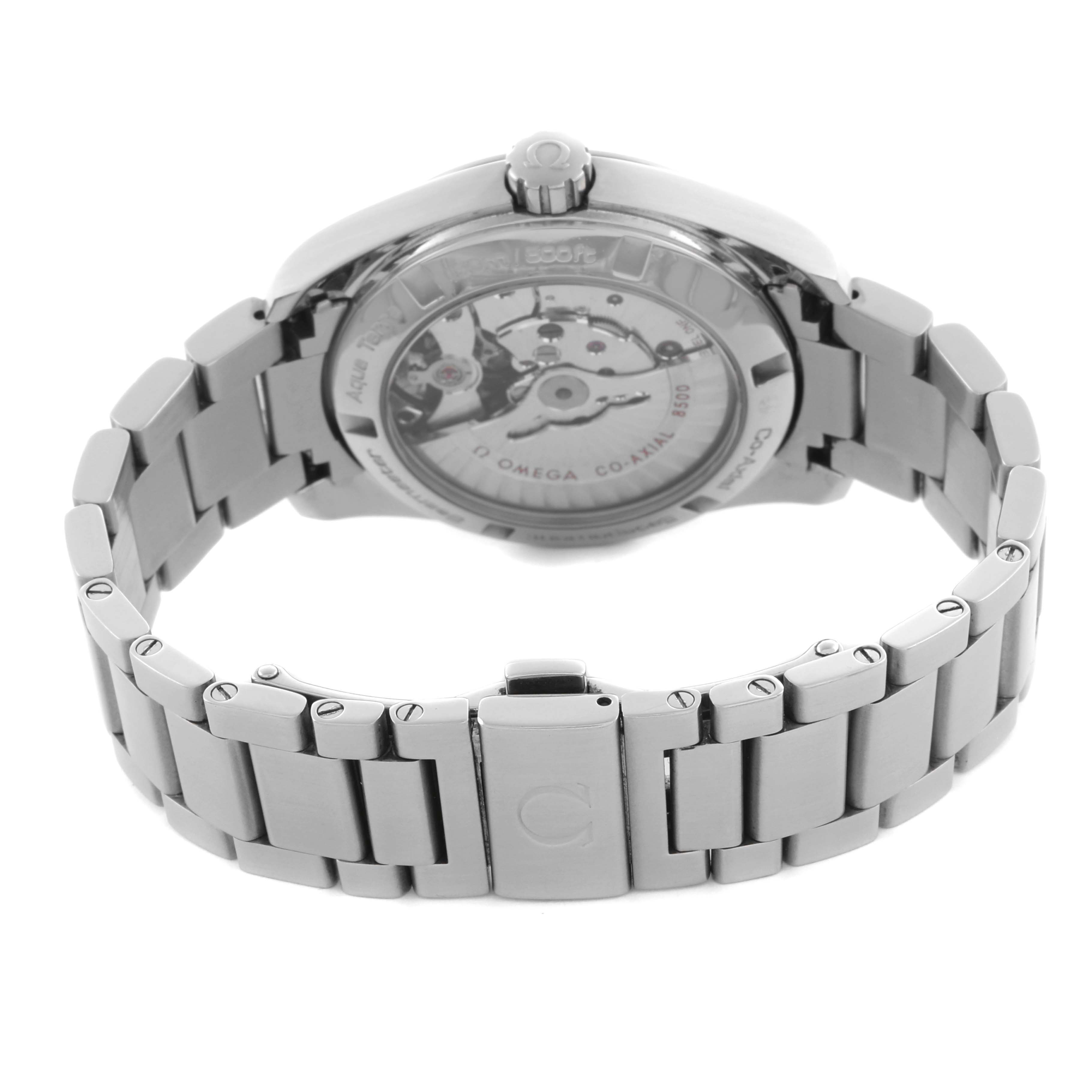 The Omega Aqua Terra 231.10.39.21.02.001 Men's Stainless Steel Silver Dial 231.10.39.21.02.001 Men's Stainless Steel Silver Dial watch is shown from a rear angle, highlighting its open case back and metal bracelet.