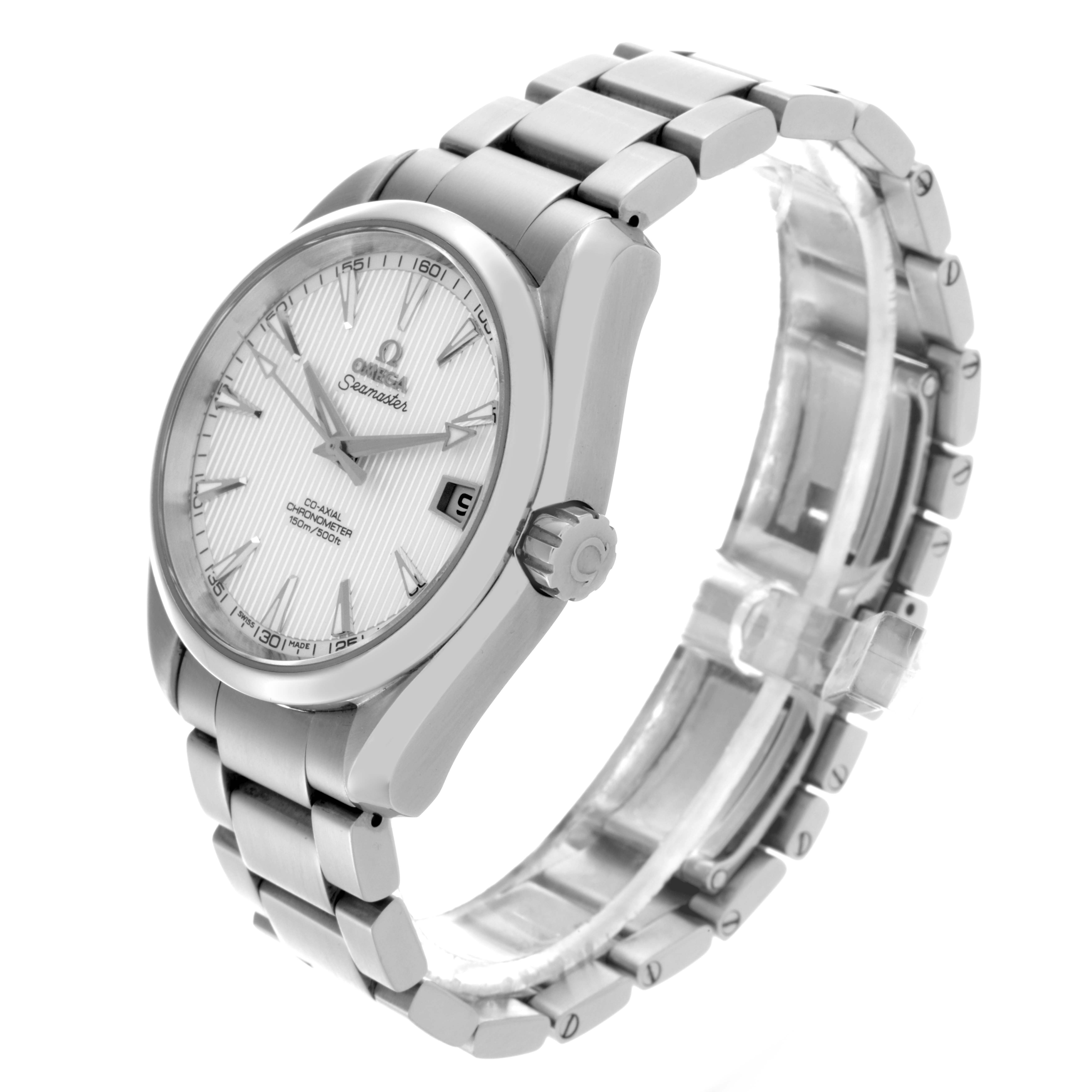 The Omega Aqua Terra 231.10.39.21.02.001 Men's Stainless Steel Silver Dial 231.10.39.21.02.001 Men's Stainless Steel Silver Dial watch is shown at a three-quarter angle, highlighting the face, bezel, crown, and bracelet.