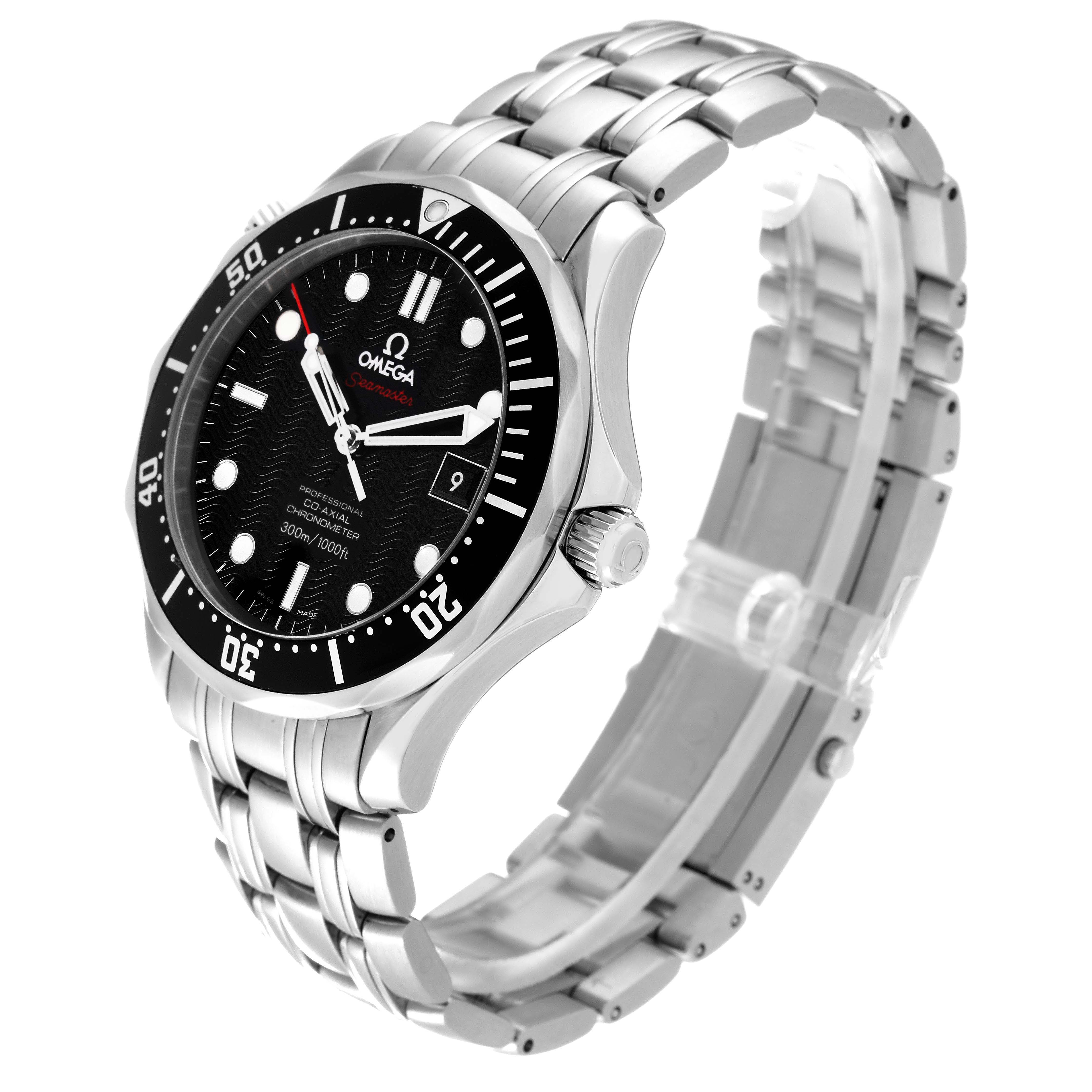 The image shows a side and front angle of an Omega Seamaster 212.30.41.20.01.002 Men's Stainless Steel Black Dial 212.30.41.20.01.002 Men's Stainless Steel Black Dial watch, highlighting the dial, bezel, crown, and metal bracelet.