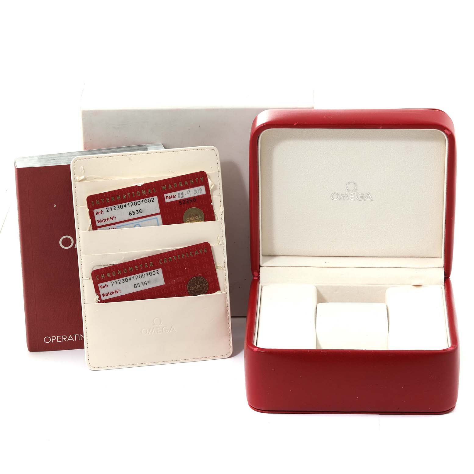 The image shows an Omega Seamaster 212.30.41.20.01.002 Men's Stainless Steel Black Dial 212.30.41.20.01.002 Men's Stainless Steel Black Dial set including the watch box, warranty cards, and instruction manual.