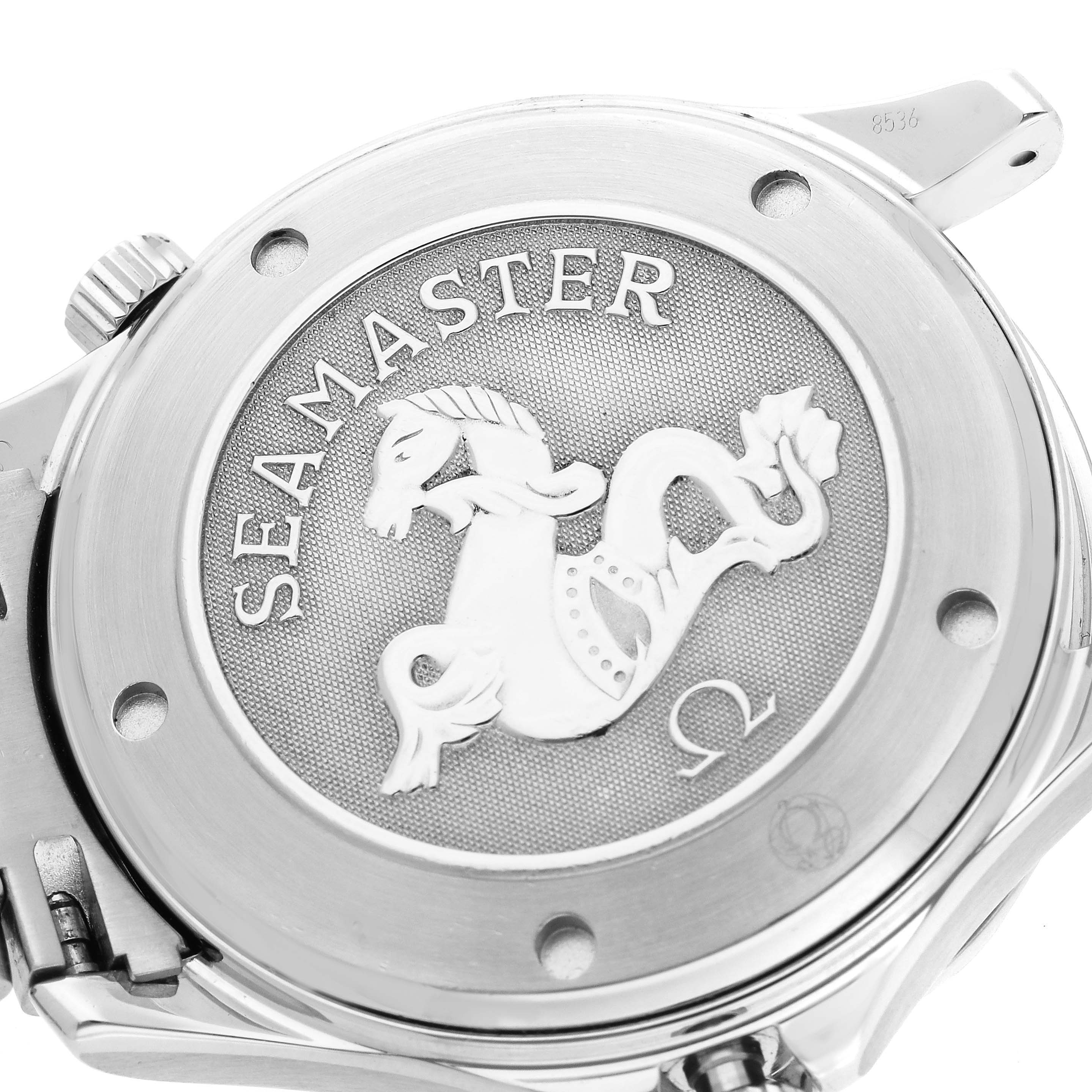 The image shows the case back of an Omega Seamaster 212.30.41.20.01.002 Men's Stainless Steel Black Dial 212.30.41.20.01.002 Men's Stainless Steel Black Dial watch, featuring the Seahorse emblem and engraved text.