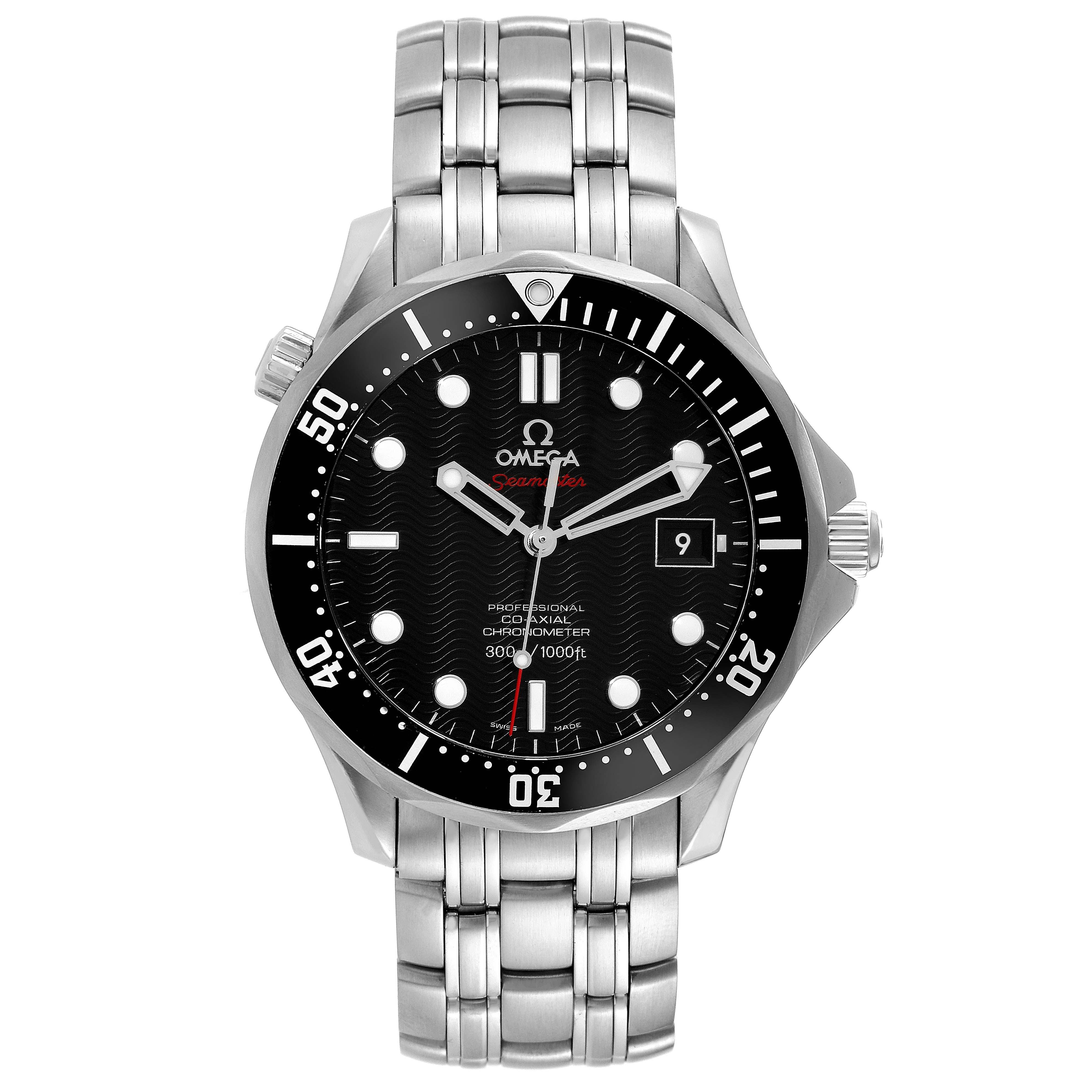 This is a front view of the Omega Seamaster 212.30.41.20.01.002 Men's Stainless Steel Black Dial 212.30.41.20.01.002 Men's Stainless Steel Black Dial watch, showcasing the dial, bezel, case, and metal bracelet.