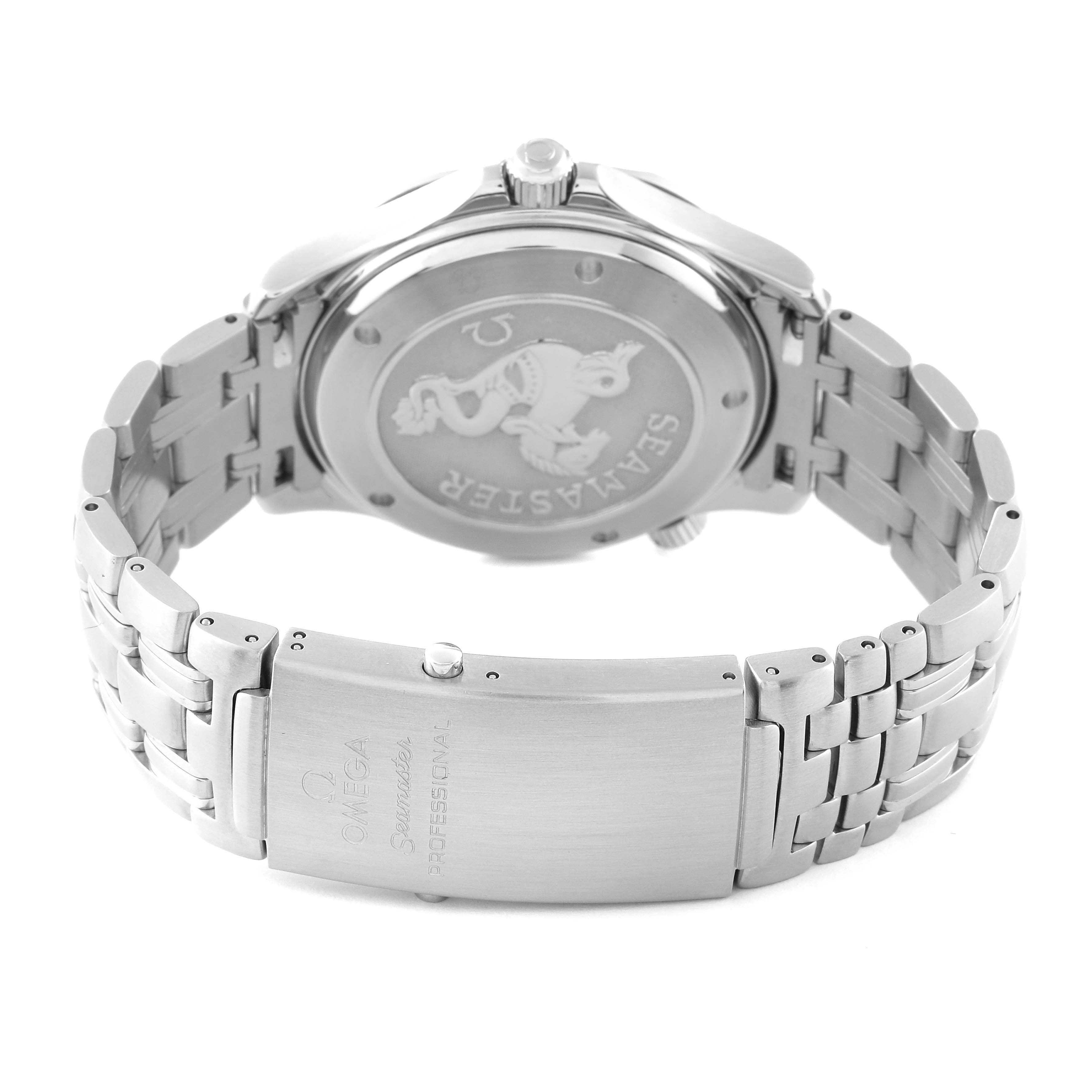 The image shows the back case and bracelet of an Omega Seamaster 212.30.41.20.01.002 Men's Stainless Steel Black Dial 212.30.41.20.01.002 Men's Stainless Steel Black Dial watch, highlighting the clasp and the engraved case back.