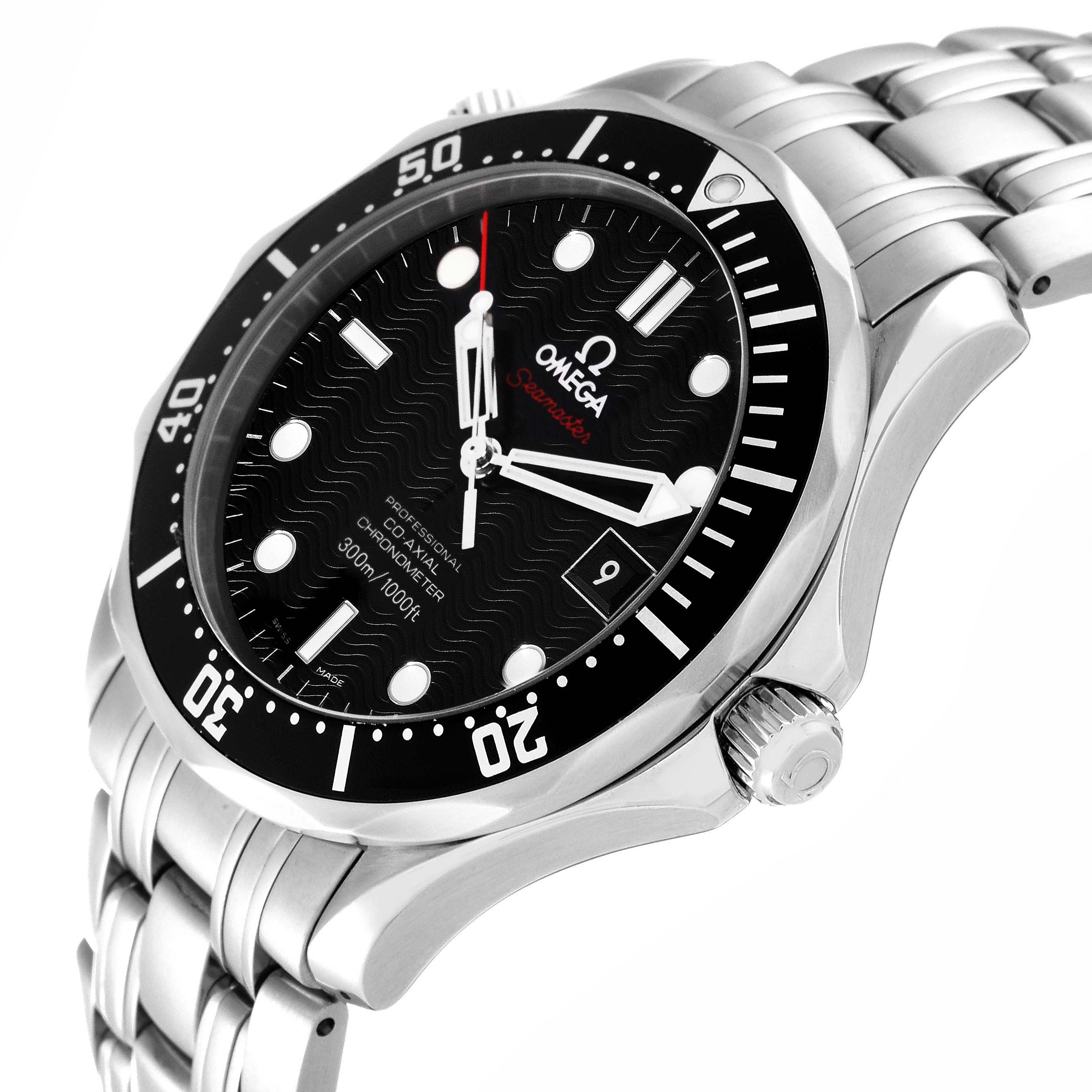 The image shows an Omega Seamaster 212.30.41.20.01.002 Men's Stainless Steel Black Dial 212.30.41.20.01.002 Men's Stainless Steel Black Dial watch from a front-side angle, displaying its face, bezel, and stainless steel bracelet.