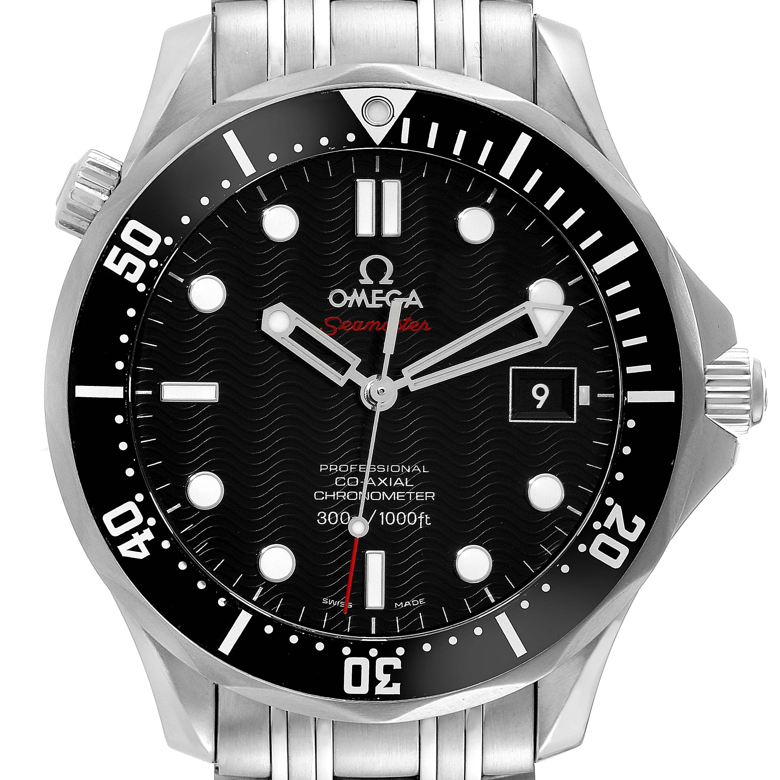 The image shows a front view of the Omega Seamaster 212.30.41.20.01.002 Men's Stainless Steel Black Dial 212.30.41.20.01.002 Men's Stainless Steel Black Dial watch displaying its dial, bezel, and part of the bracelet.