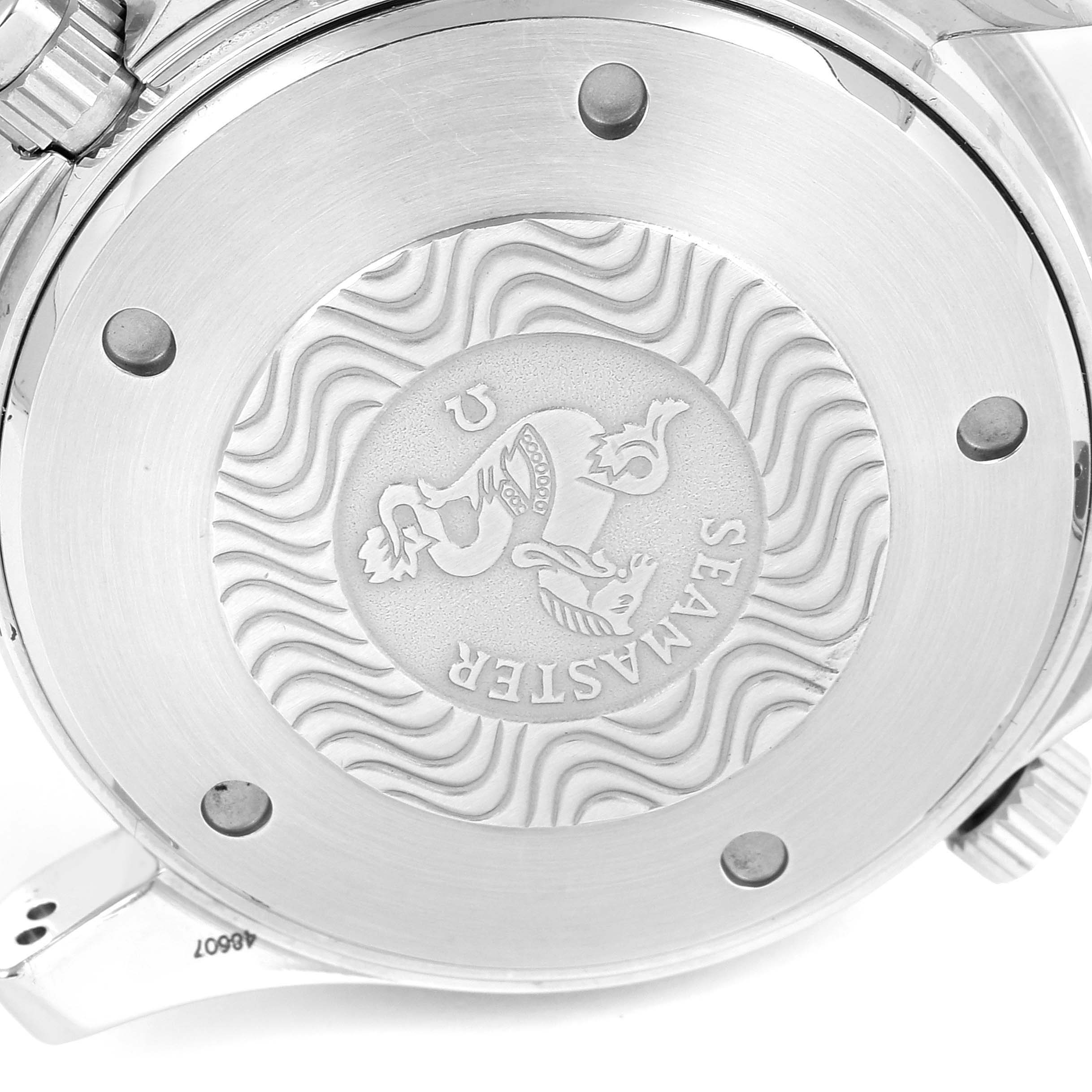 The image shows the case back of an Omega Seamaster 2598.80.00 Men's Stainless Steel Blue Dial 2598.80.00 Men's Stainless Steel Blue Dial watch, featuring the Seamaster logo.