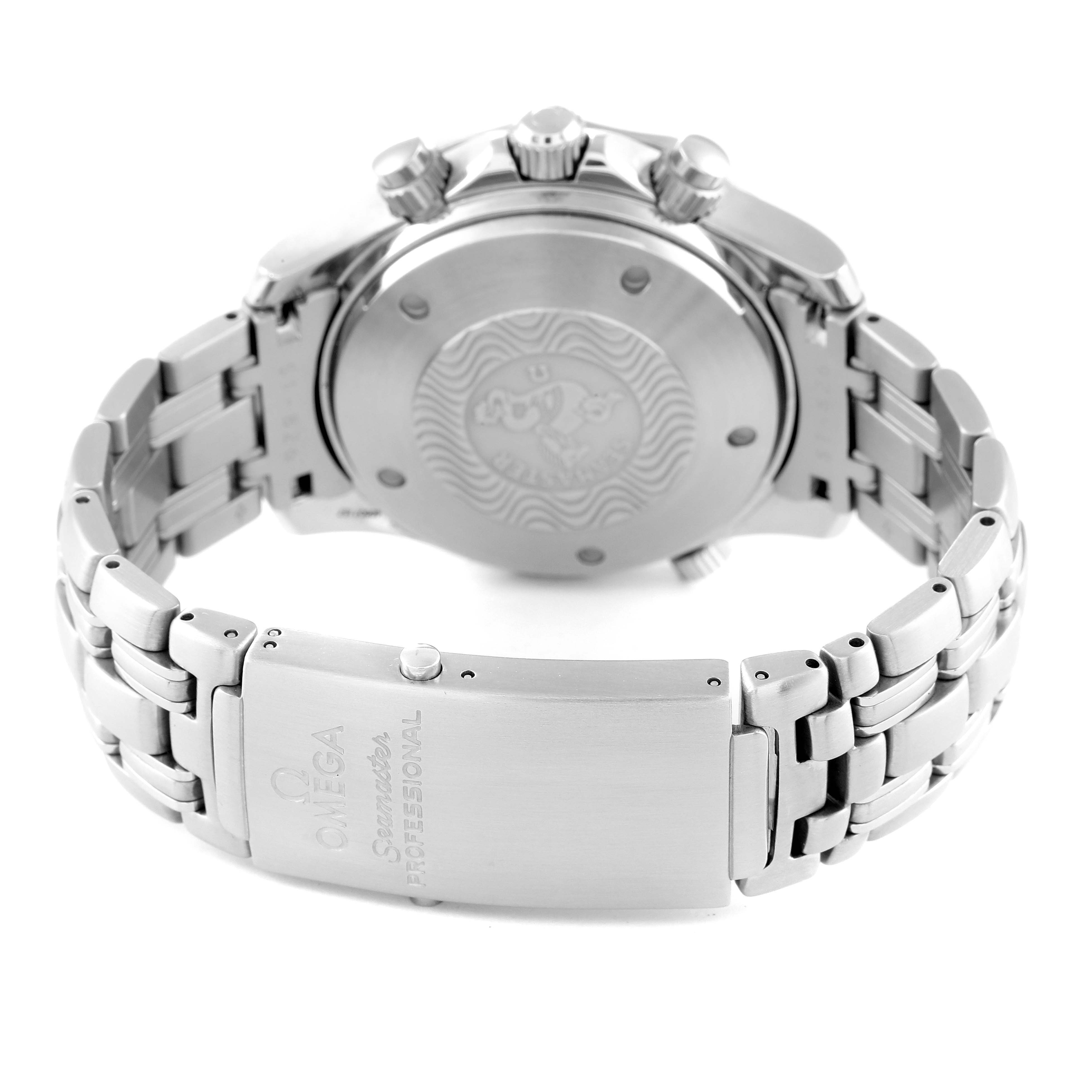 The image shows the back case and the bracelet clasp of the Omega Seamaster 2598.80.00 Men's Stainless Steel Blue Dial 2598.80.00 Men's Stainless Steel Blue Dial watch, highlighting its intricate engraving and branding.