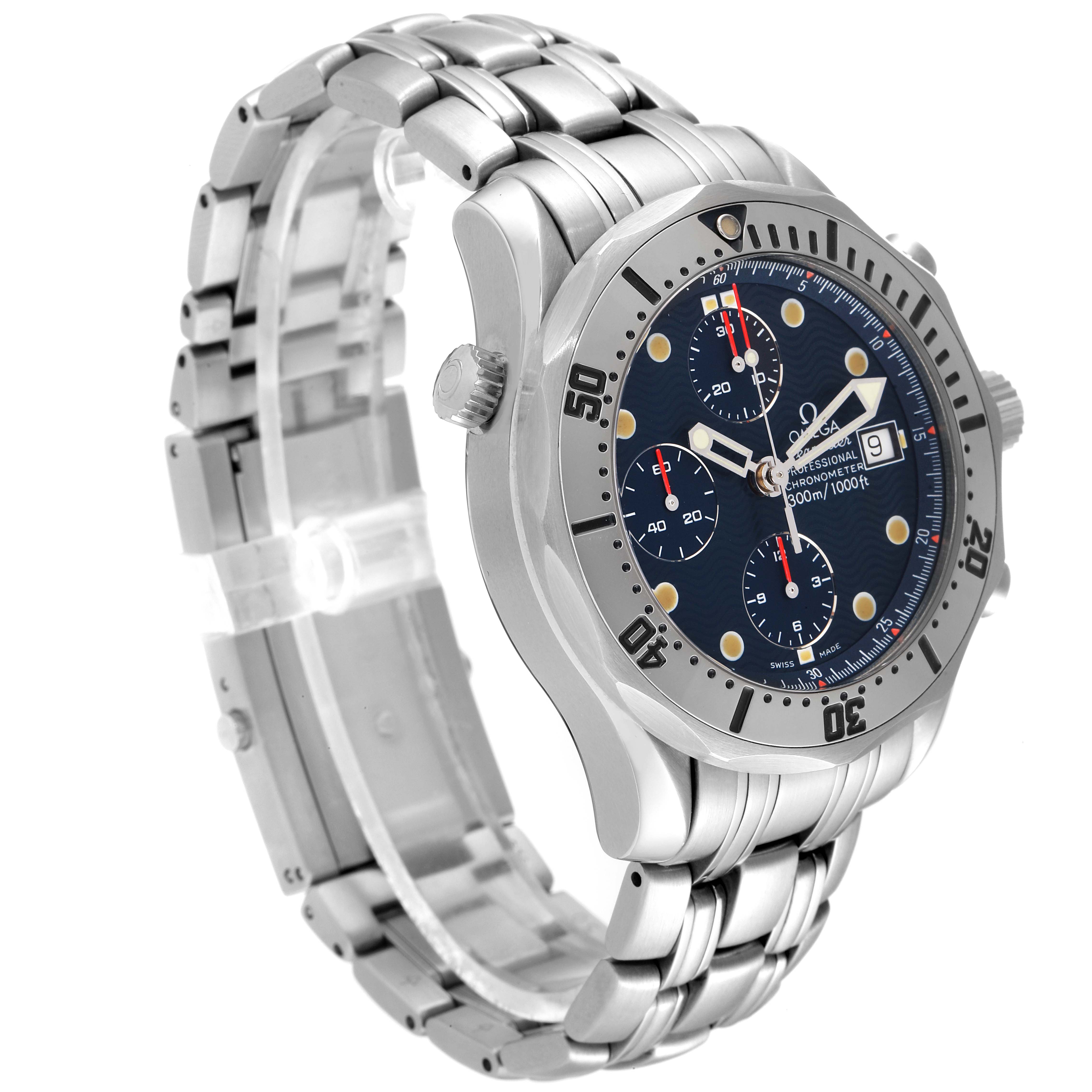 The Omega Seamaster 2598.80.00 Men's Stainless Steel Blue Dial 2598.80.00 Men's Stainless Steel Blue Dial watch is shown at an angle displaying its face, bezel, crown, and stainless steel bracelet.