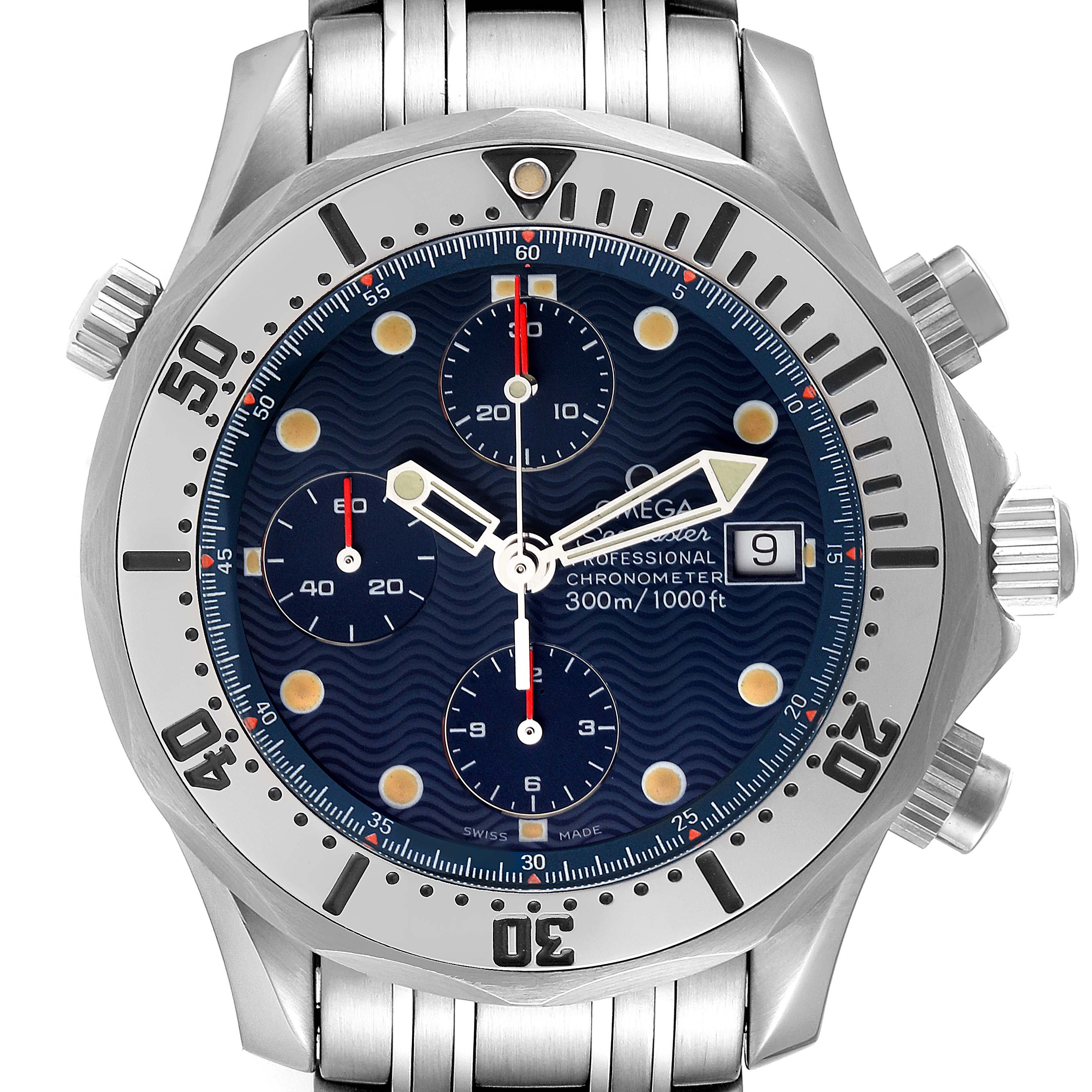 The image shows a front view of an Omega Seamaster 2598.80.00 Men's Stainless Steel Blue Dial 2598.80.00 Men's Stainless Steel Blue Dial watch featuring a blue dial, chronograph subdials, and a date display.