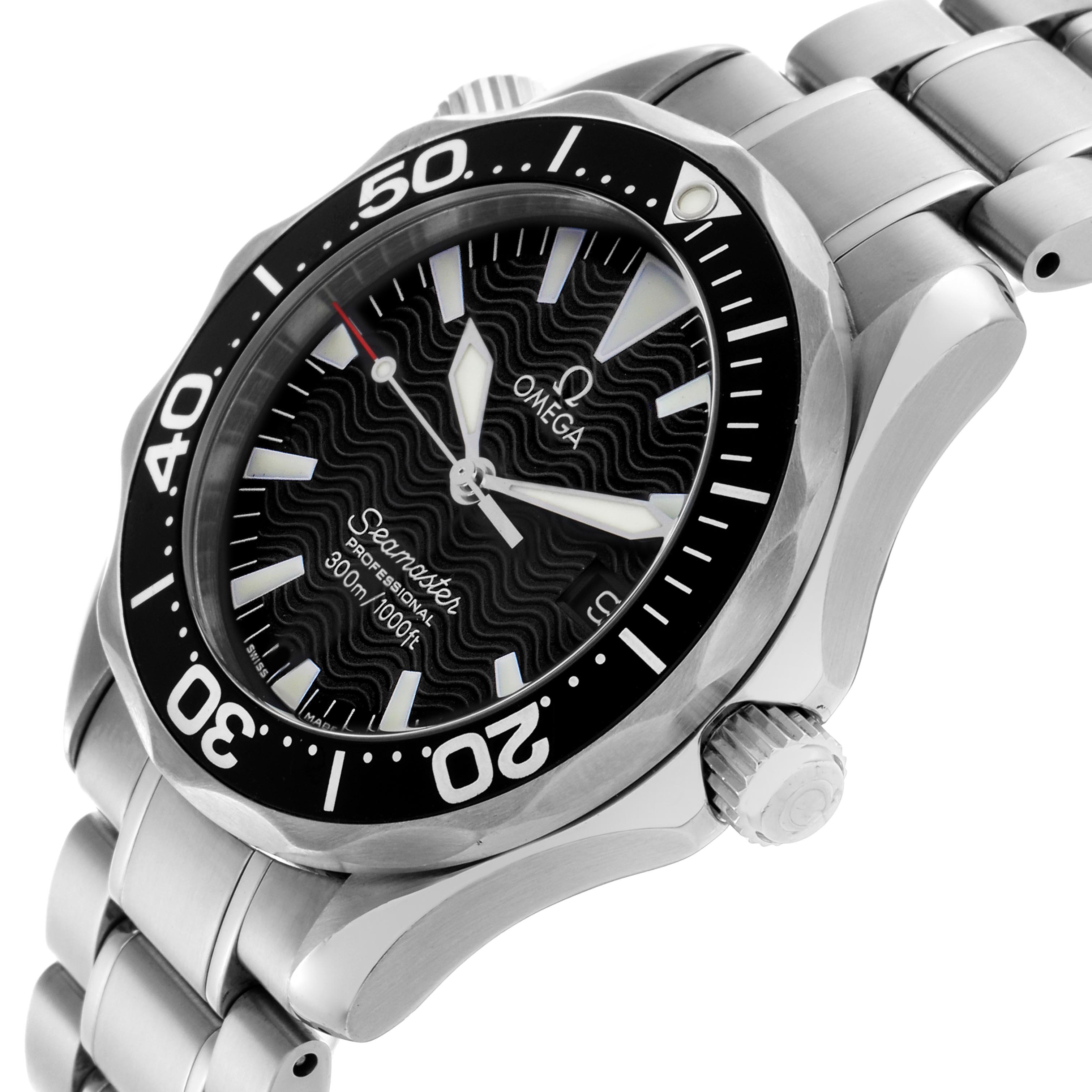 The Omega Seamaster 2262.50.00 Men's Stainless Steel Black Dial 2262.50.00 Men's Stainless Steel Black Dial watch is shown from an angled side view, displaying the dial, bezel, crown, and bracelet.