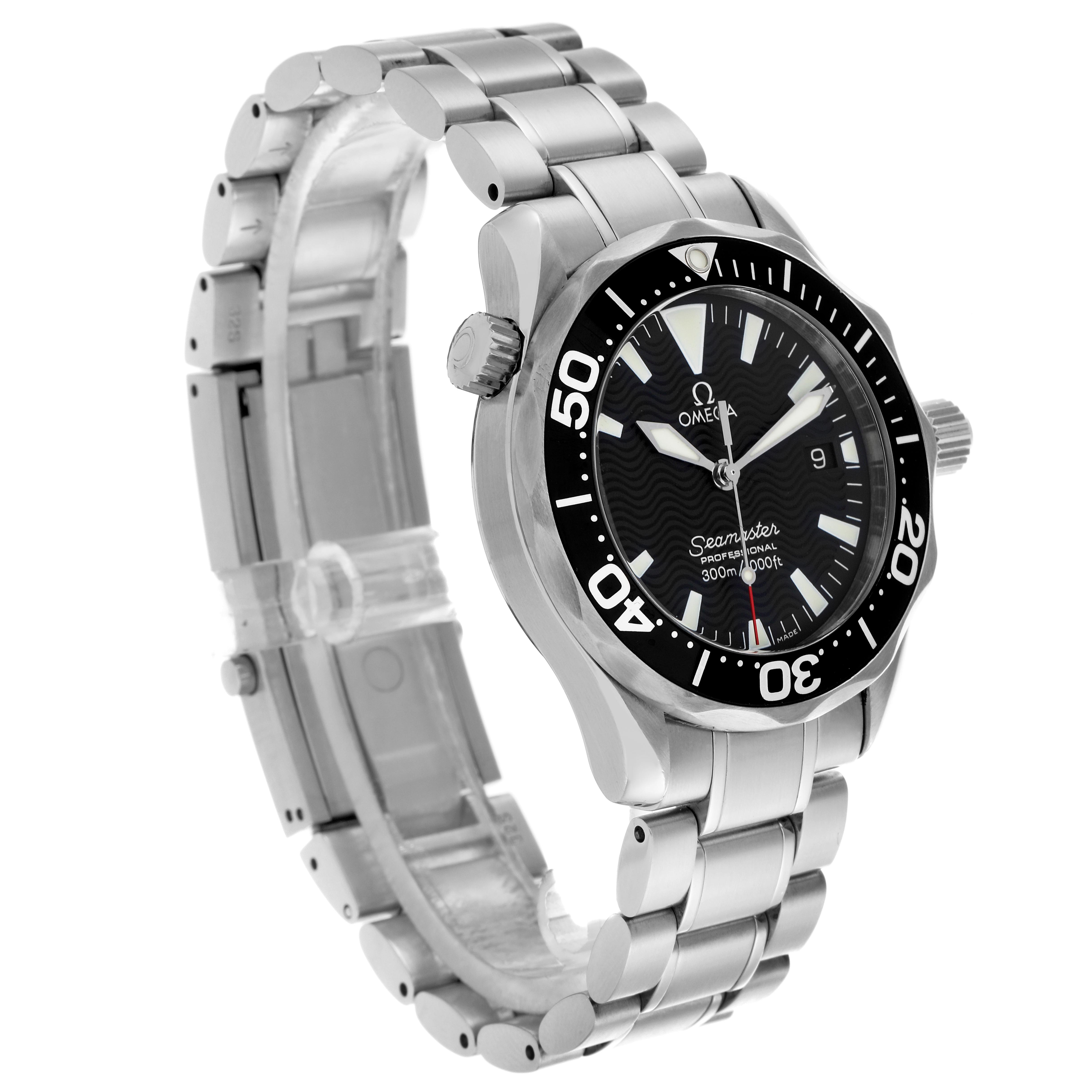 The Omega Seamaster 2262.50.00 Men's Stainless Steel Black Dial 2262.50.00 Men's Stainless Steel Black Dial watch is shown at a slight angle, displaying the face, bezel, bracelet, and crown clearly.