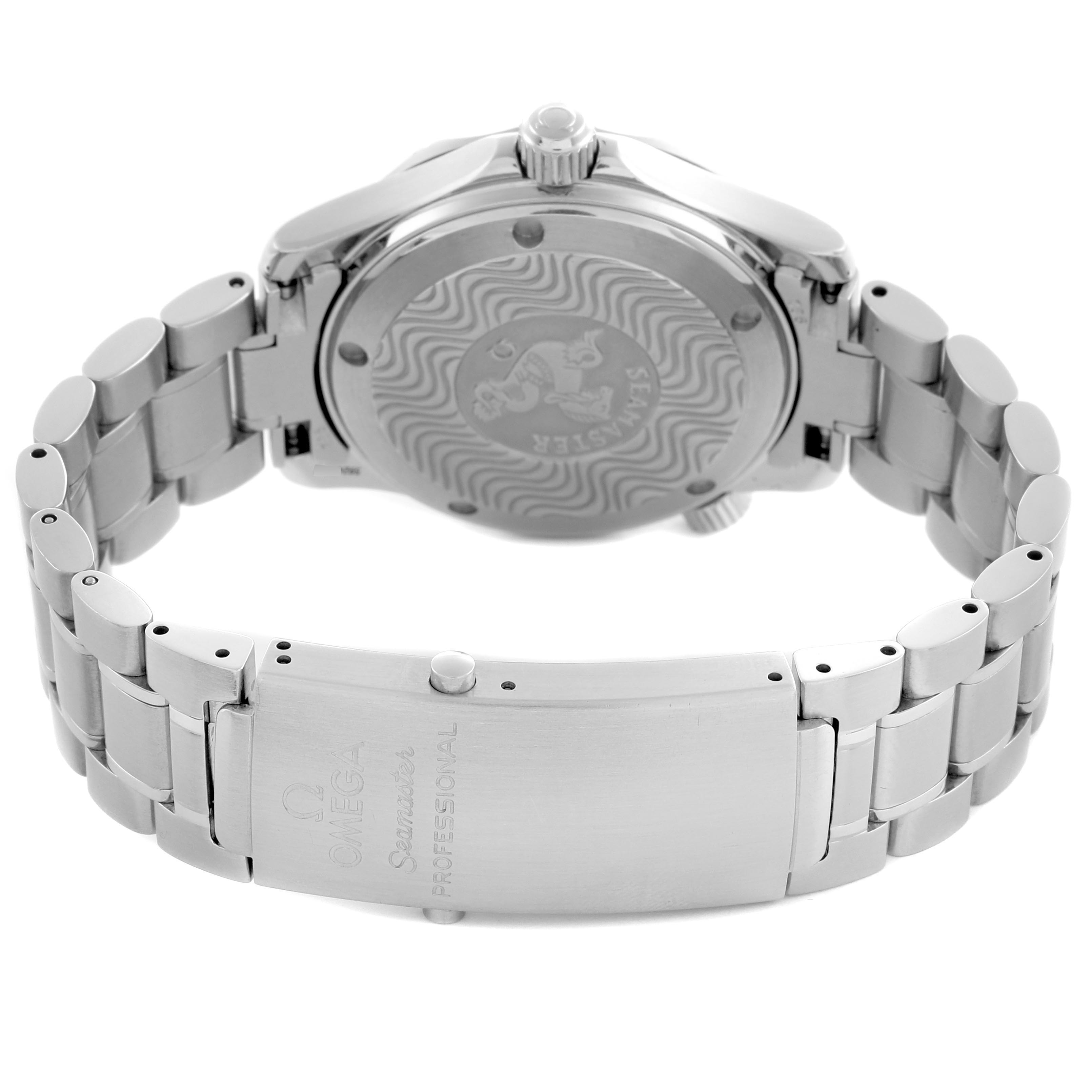 The image shows the back and clasp of an Omega Seamaster 2262.50.00 Men's Stainless Steel Black Dial 2262.50.00 Men's Stainless Steel Black Dial watch, highlighting the bracelet and engraved case back.