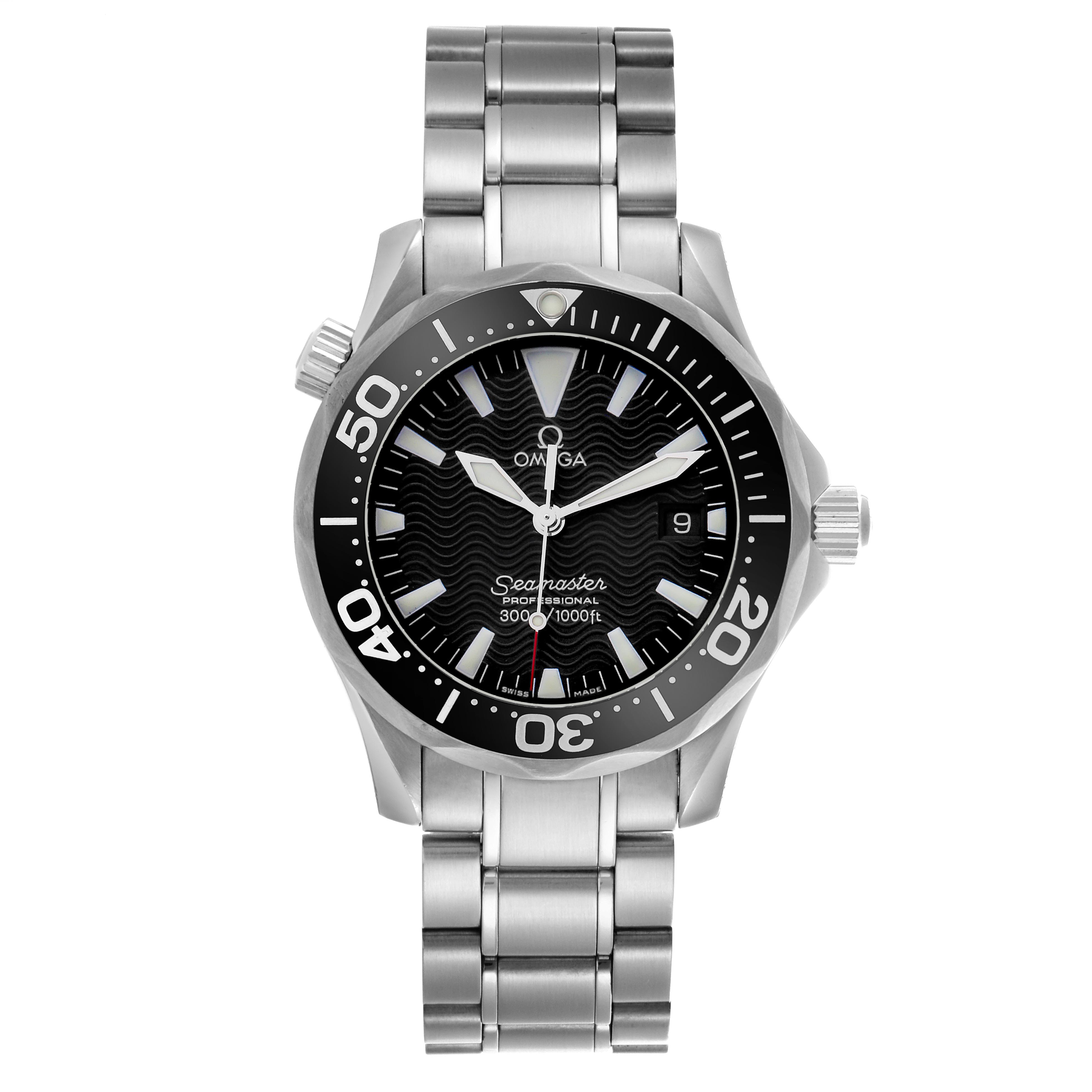 The Omega Seamaster 2262.50.00 Men's Stainless Steel Black Dial 2262.50.00 Men's Stainless Steel Black Dial watch is shown from a top-down angle, displaying its face, bezel, crown, and bracelet.