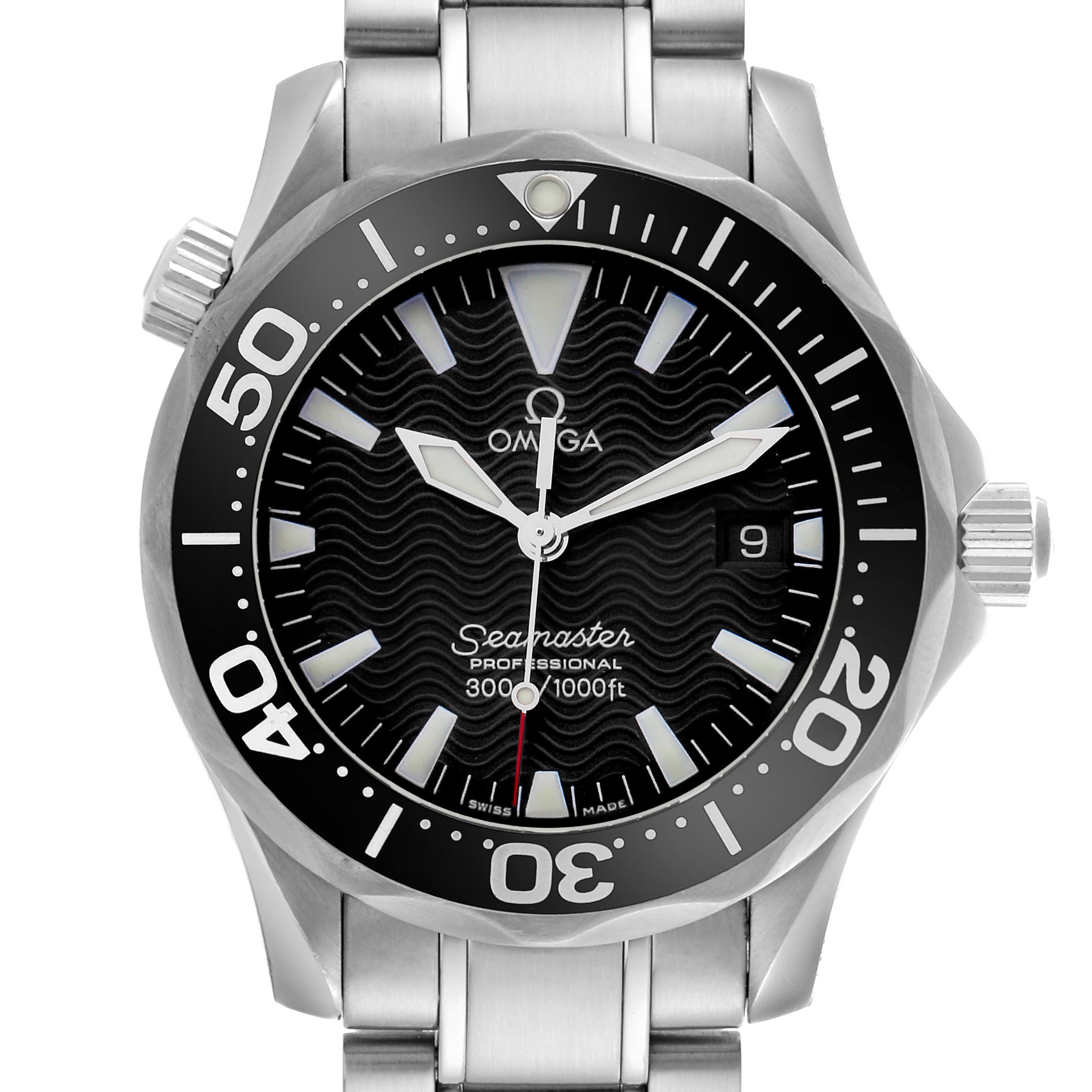 The Omega Seamaster 2262.50.00 Men's Stainless Steel Black Dial 2262.50.00 Men's Stainless Steel Black Dial is shown from a front angle, highlighting the dial, bezel, crown, and part of the bracelet.