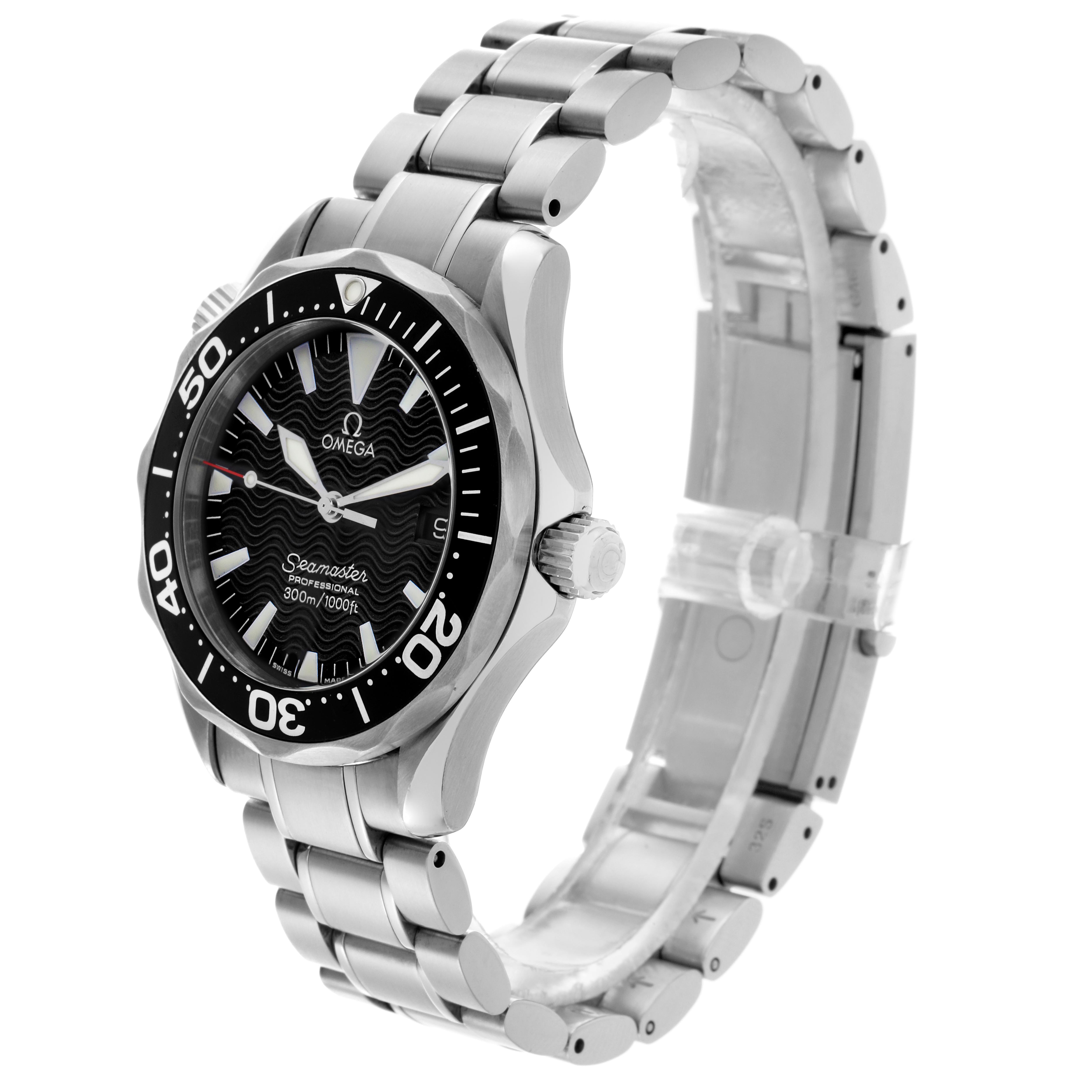 The Omega Seamaster 2262.50.00 Men's Stainless Steel Black Dial 2262.50.00 Men's Stainless Steel Black Dial watch is shown at a three-quarter angle, displaying the face, bezel, crown, and stainless steel bracelet.