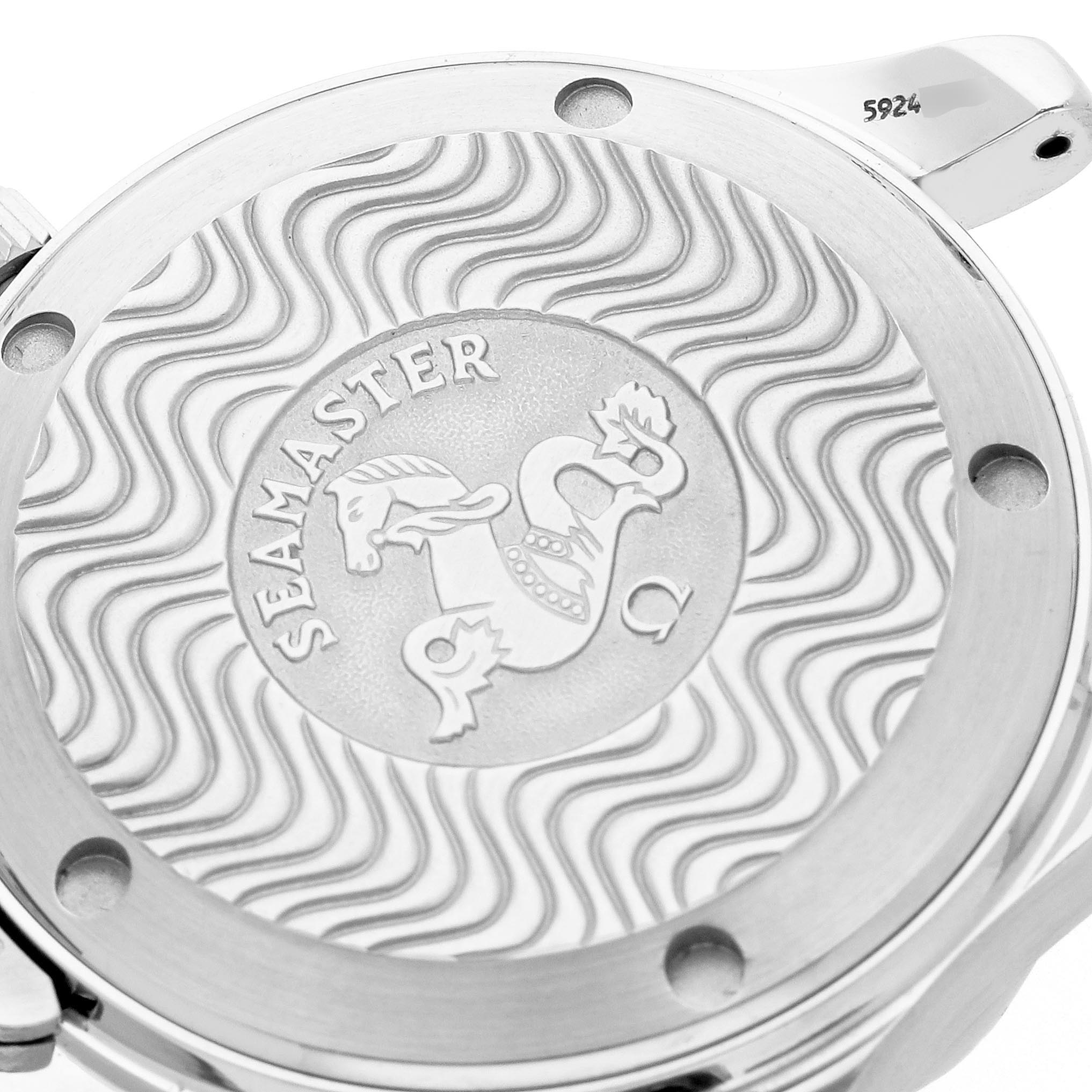 The image shows the case back of the Omega Seamaster 2262.50.00 Men's Stainless Steel Black Dial 2262.50.00 Men's Stainless Steel Black Dial watch, featuring its emblem and wave pattern design.