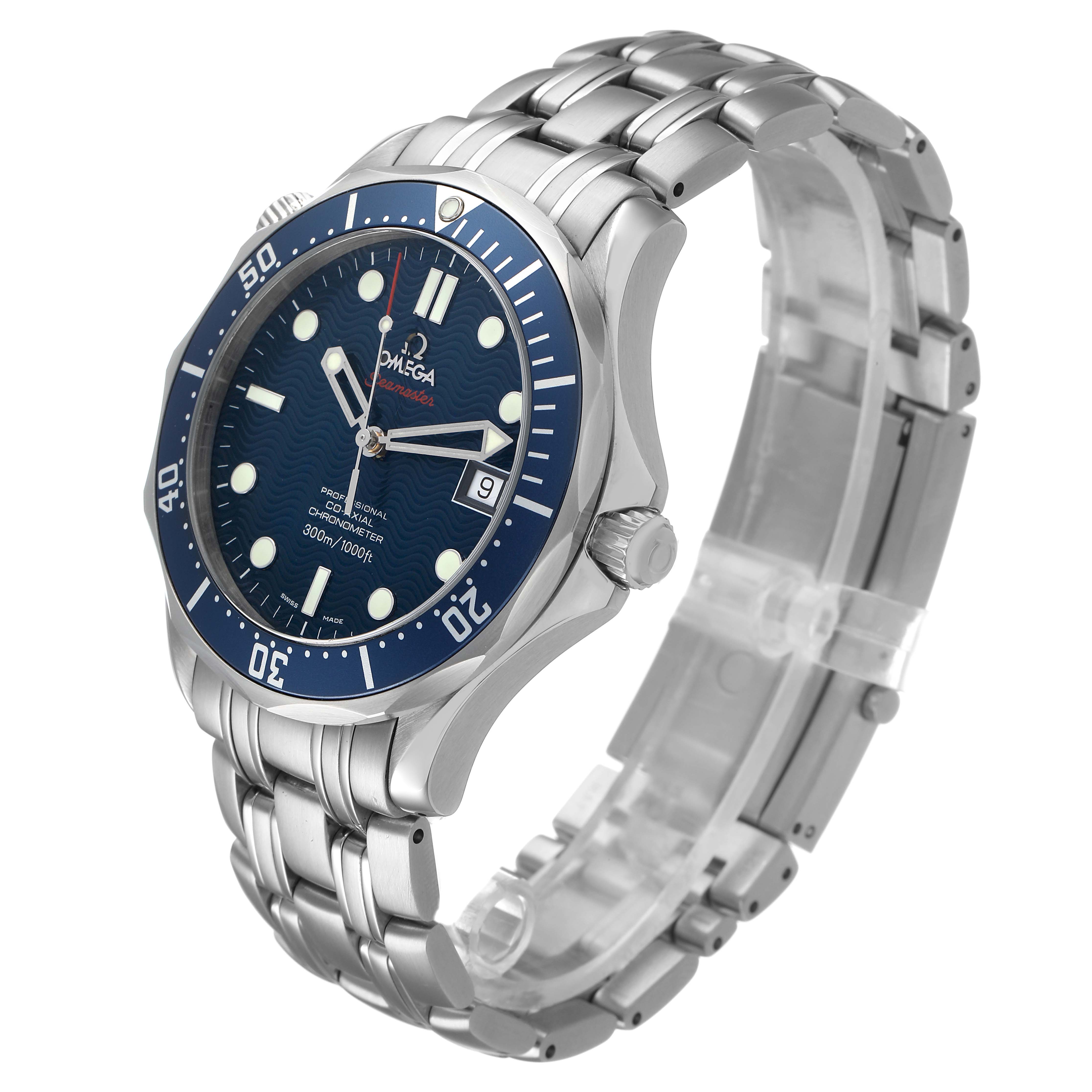 The Omega Seamaster 2220.80.00 Men's Stainless Steel Blue Dial is shown at a three-quarter angle featuring its dial, bezel, crown, and stainless steel bracelet.