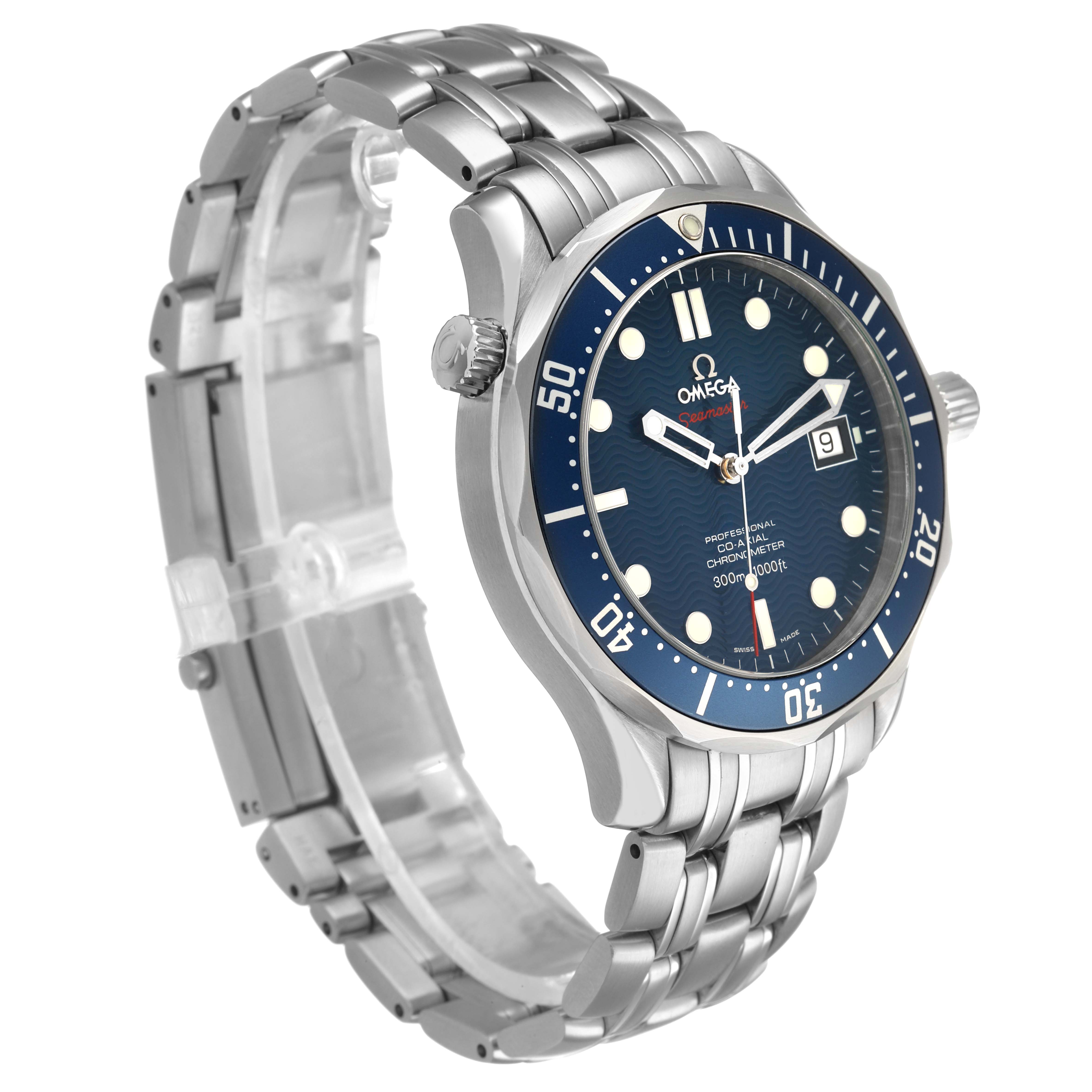 The Omega Seamaster 2220.80.00 Men's Stainless Steel Blue Dial watch is shown at a three-quarter angle, highlighting its blue dial, bezel, and stainless steel bracelet.